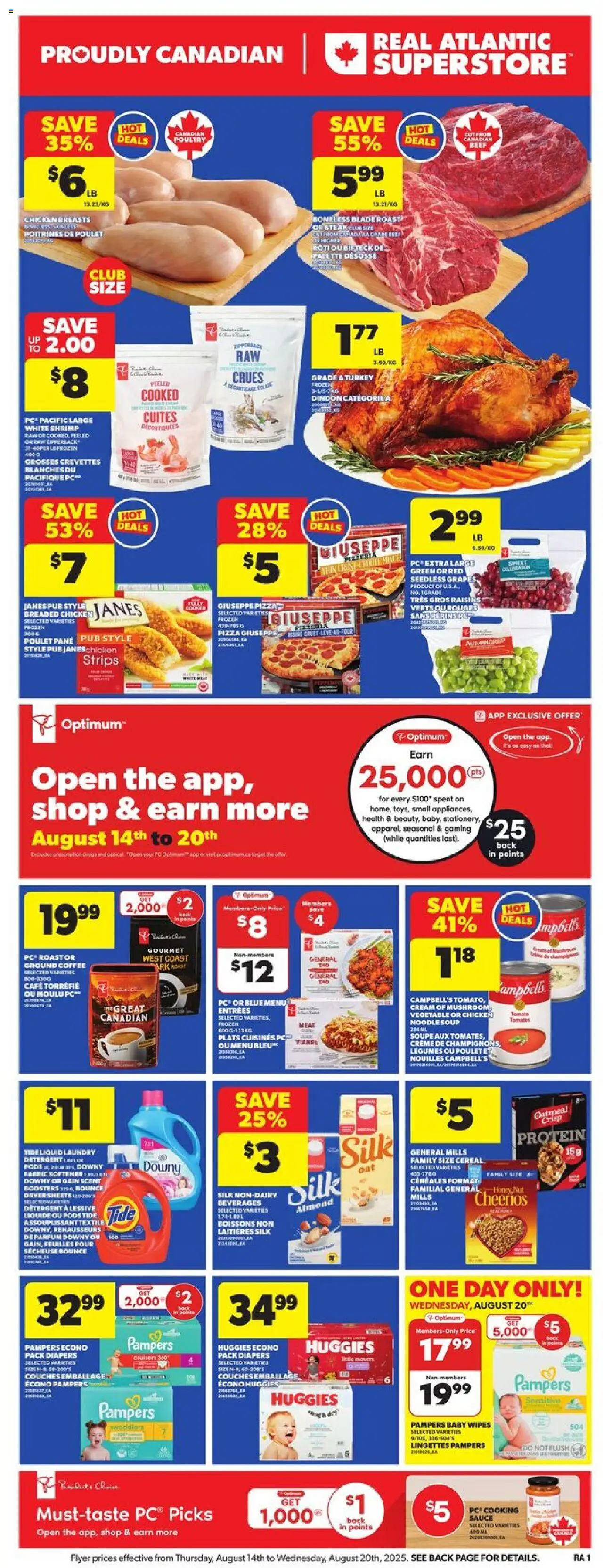 Atlantic Superstore flyer valid from 14.08.2025 | Page: 3 | Products: Chicken breasts, Fabric softener, Detergent, Chicken