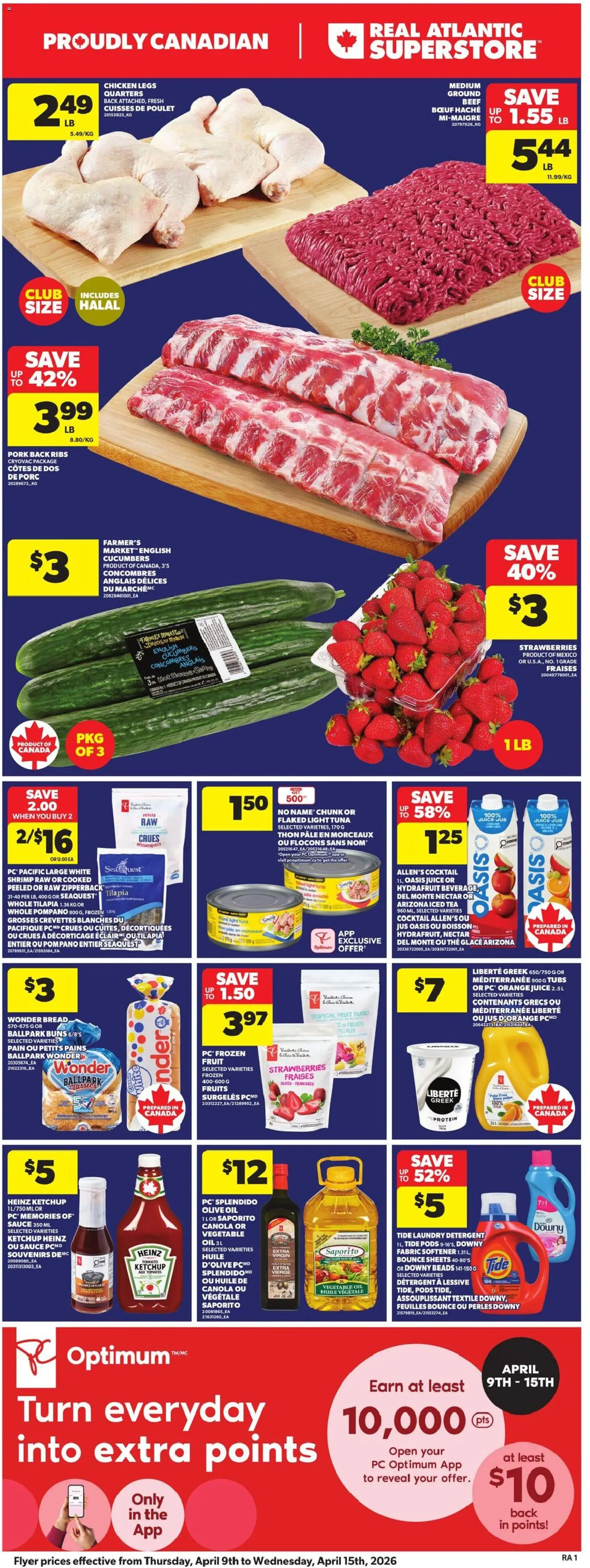Atlantic Superstore flyer valid from 09.04.2026 | Page: 3 | Products: Tea, Ketchup, Fabric softener, Pork