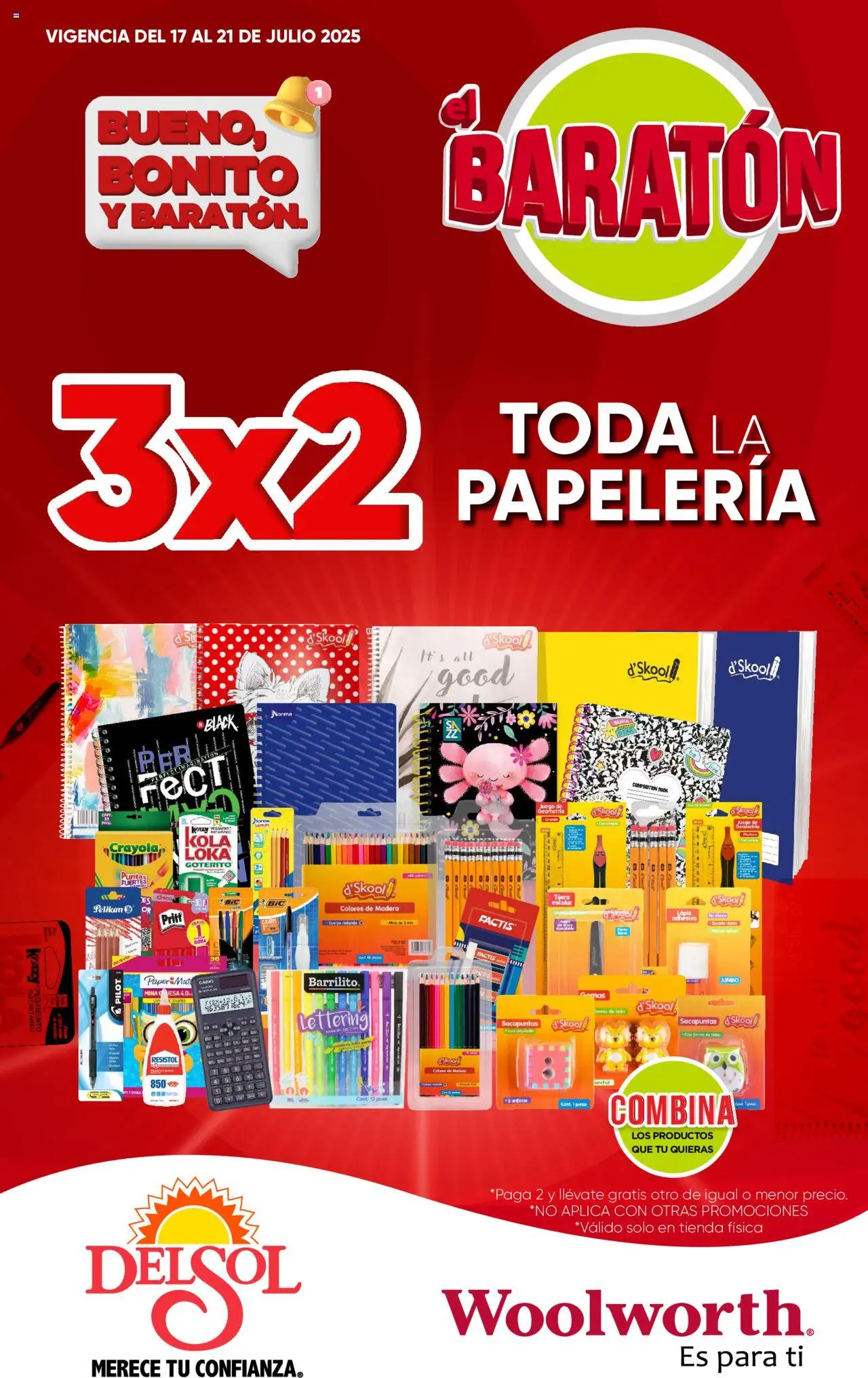Nuevas ofertas de Del Sol y Woolworth válidas en toda la República Mexicana desde el 17.07.2025. ¡Encuentra las mejores ofertas en Del Sol y Woolworth - Catálogo Llegó el Baratón! | Página: 1 | Productos: Tijera, Sacapuntas, Pegamento, Mate