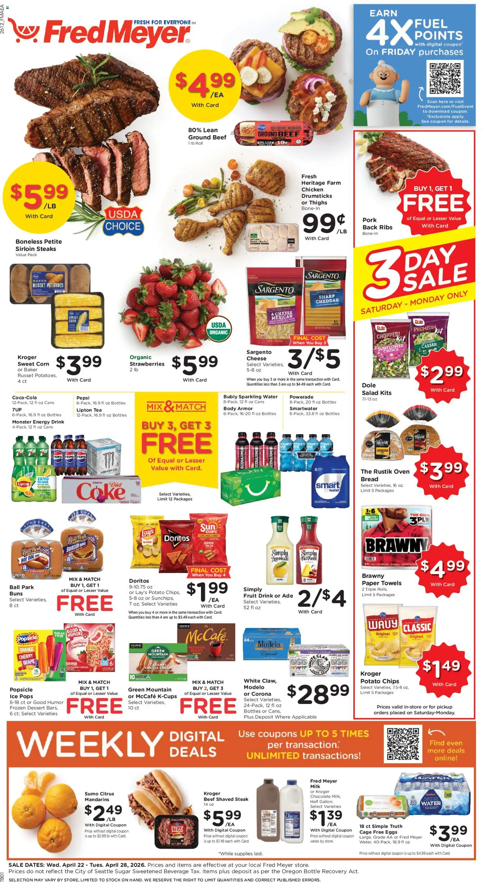 Fred Meyer Weekly Ad - valid from 22.04.2026 | Page: 1 | Products: Cheese, Beef, Chips, Salad