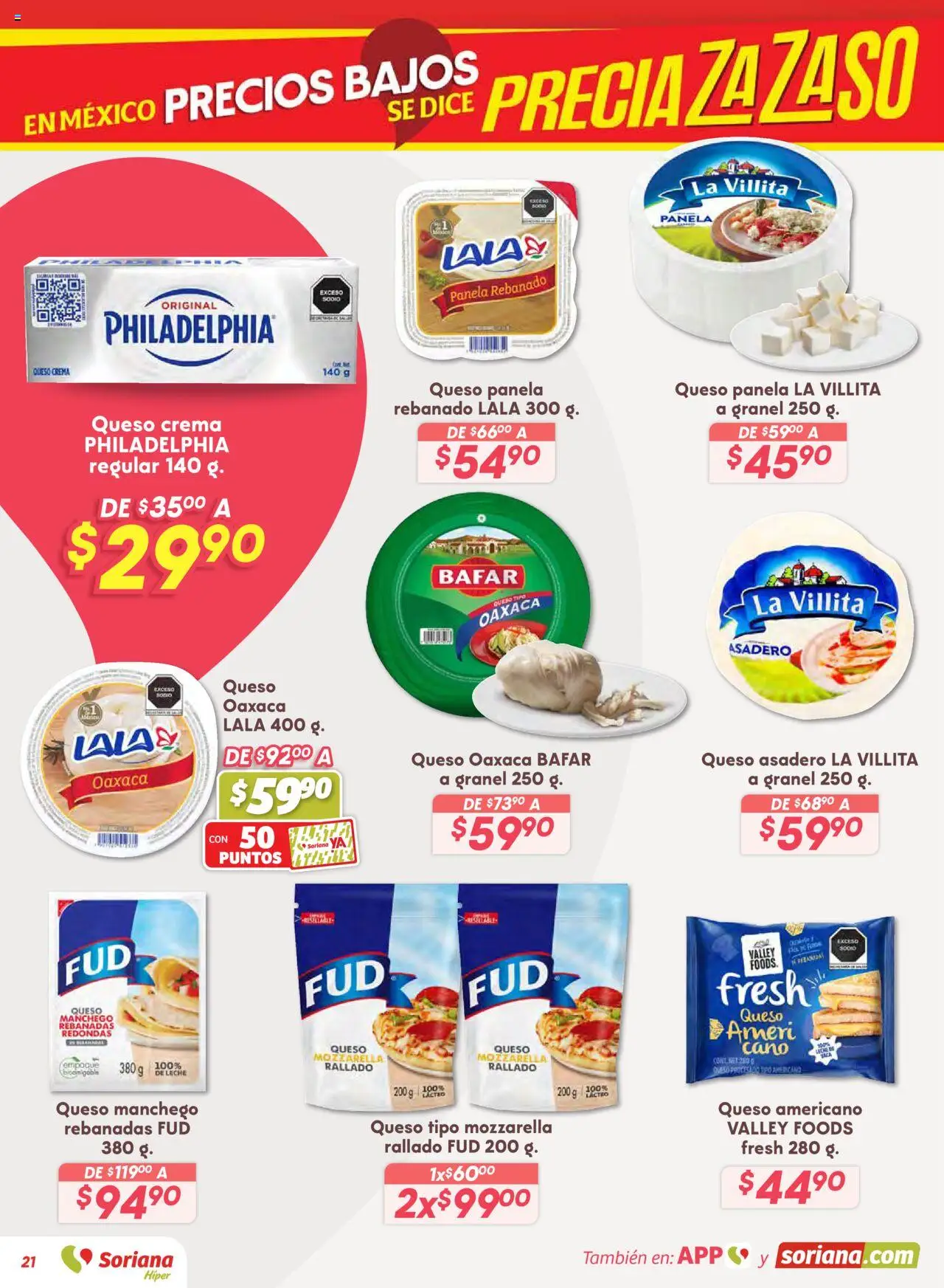 Nuevas ofertas de Soriana válidas en toda la República Mexicana desde el 14.08.2025. ¡Encuentra las mejores ofertas en Soriana - Preciazazaso Híper: Valle de México! | Página: 21 | Productos: Queso crema, Crema, Queso