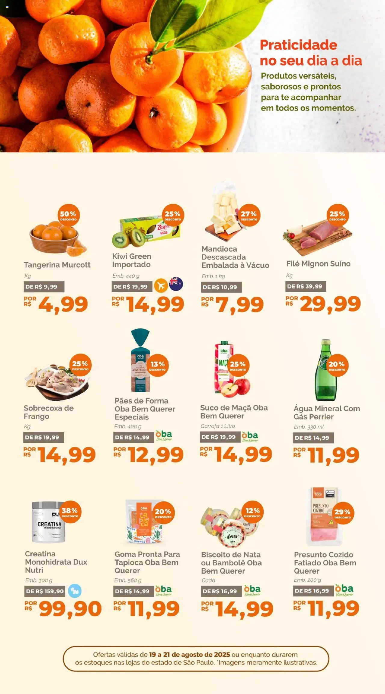 Oba Hortifruti Folheto - válido de 19.08.2025 | Página: 5 | Produtos: Mandioca, Biscoito, Filé mignon, Kiwi