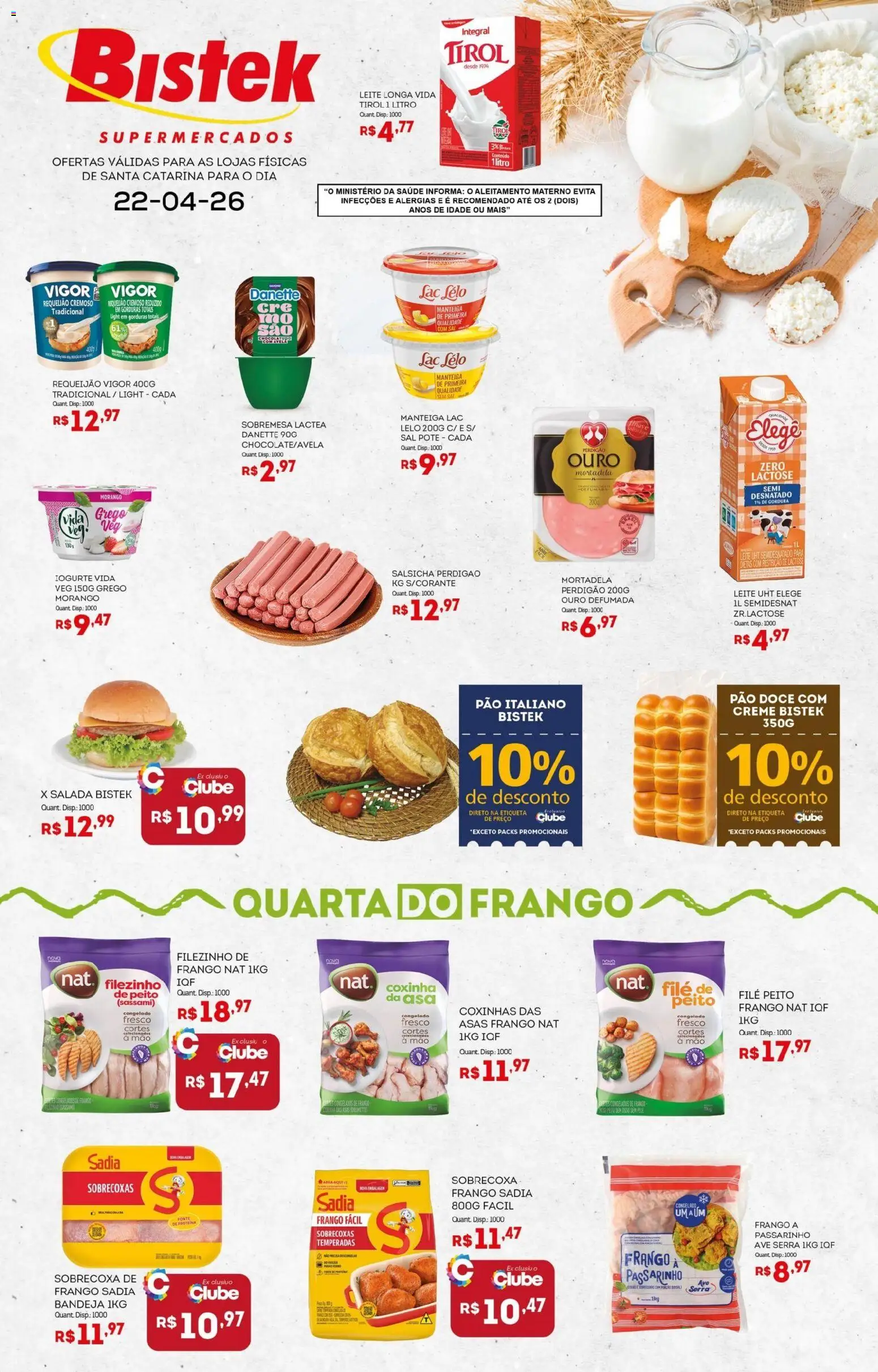 Bistek Supermercados Folheto - válido de 22.04.2026 | Página: 1 | Produtos: Creme, Salada, Frango, Requeijão