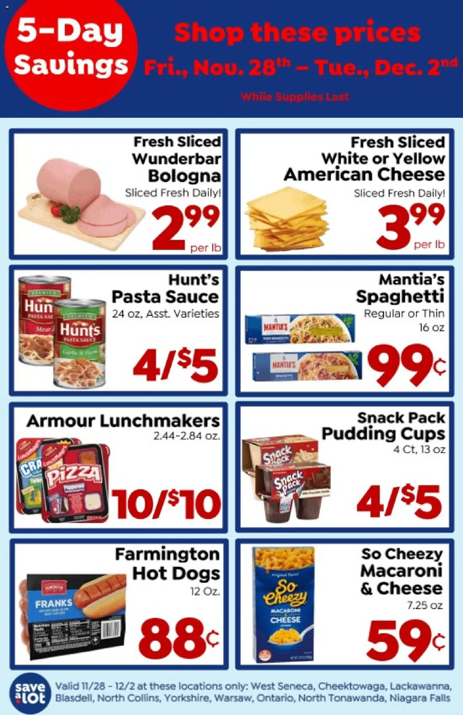 Save a Lot Ad - valid from 28.11.2025 | Page: 1 | Products: Cheese, Pasta, Sauce, Hot Dogs