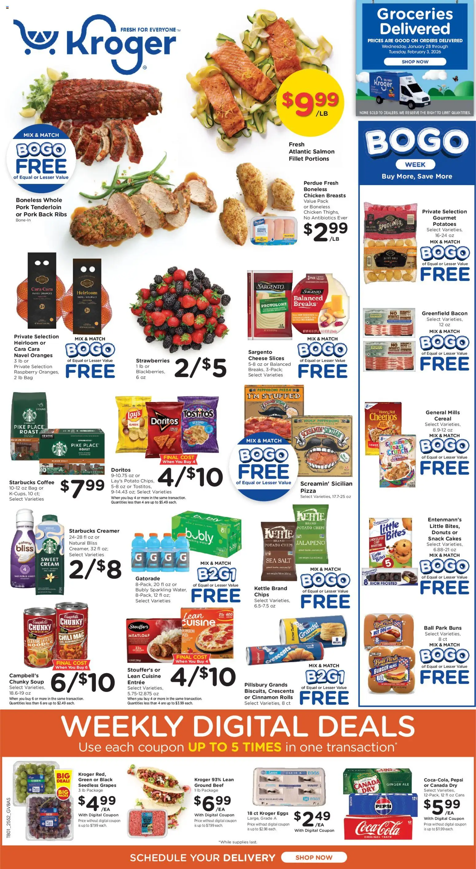 Kroger Ad - valid from 28.01.2026 | Page: 1 | Products: Butter, Pizza, Cream, Kettle