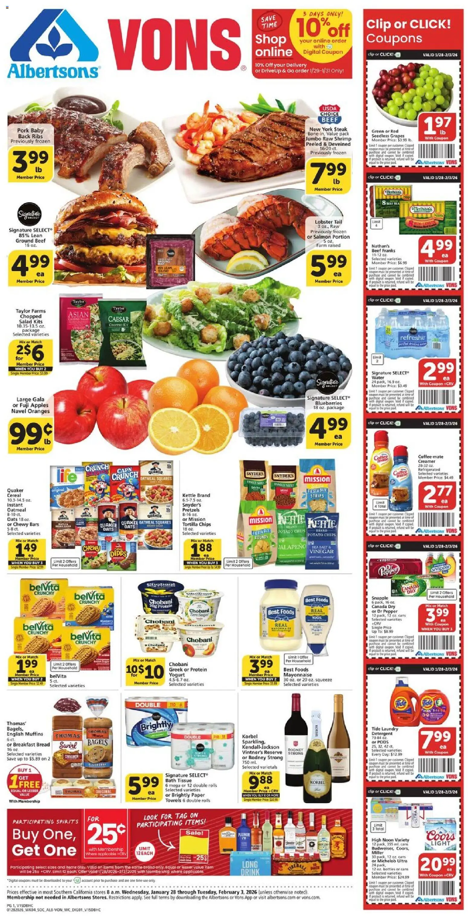 Vons Weekly Ad - SoCal - valid from 28.01.2026 | Page: 1 | Products: Vinegar, Yogurt, Blueberries, Kettle