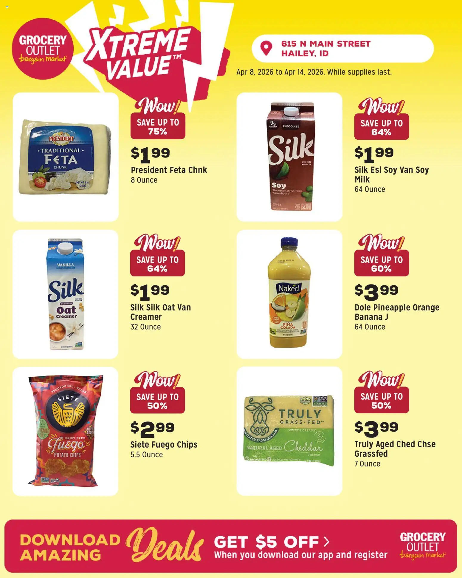 Grocery Outlet Weekly Ad - ID - valid from 08.04.2026 | Page: 5 | Products: Milk, Cheese, Chocolate, Pineapple
