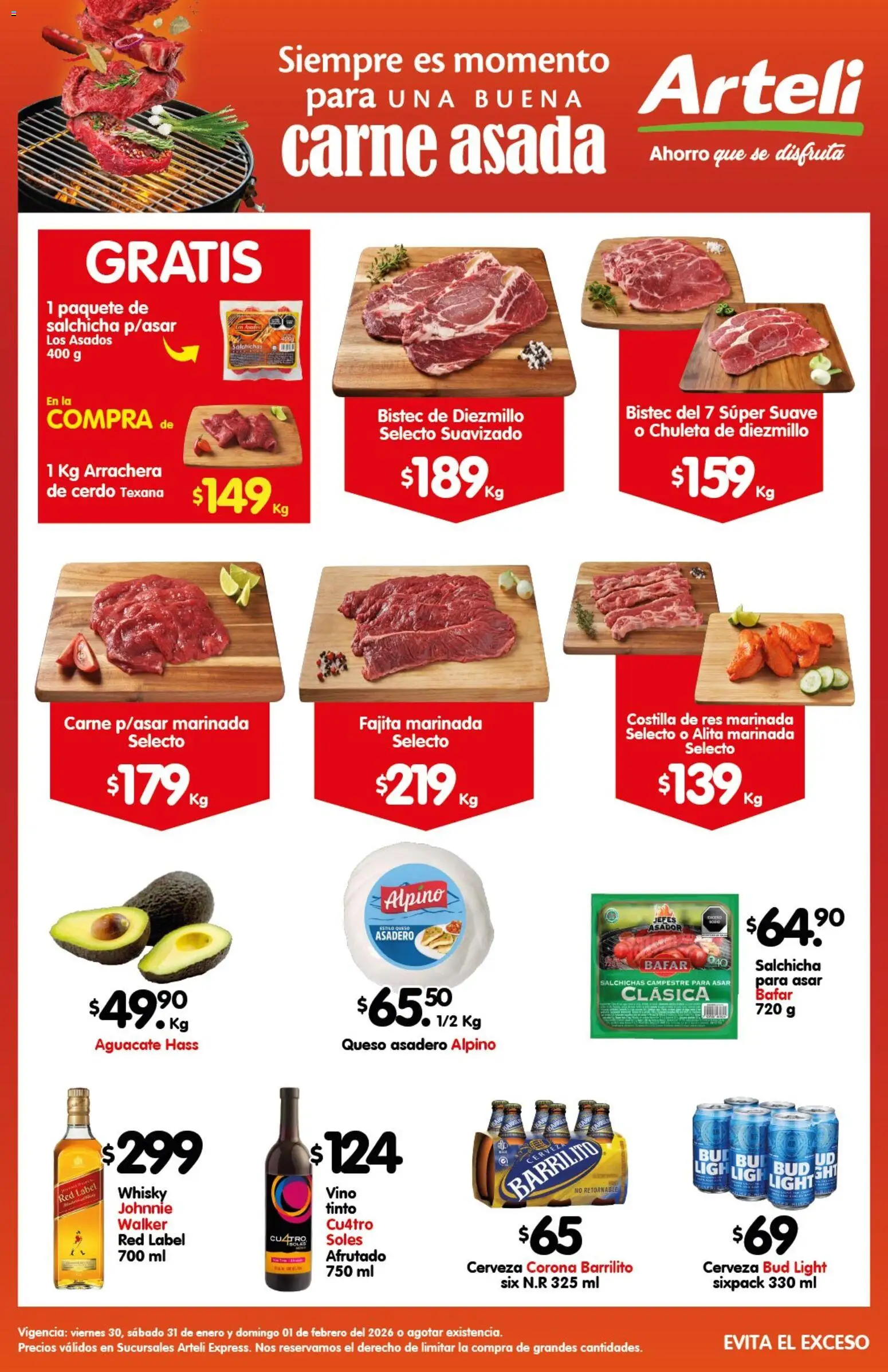 Nuevas ofertas de Arteli válidas en toda la República Mexicana desde el 30.01.2026. ¡Encuentra las mejores ofertas en Arteli folleto Carnita Asada Express! | Página: 1 | Productos: Cerveza, Cerdo, Vino, Whisky