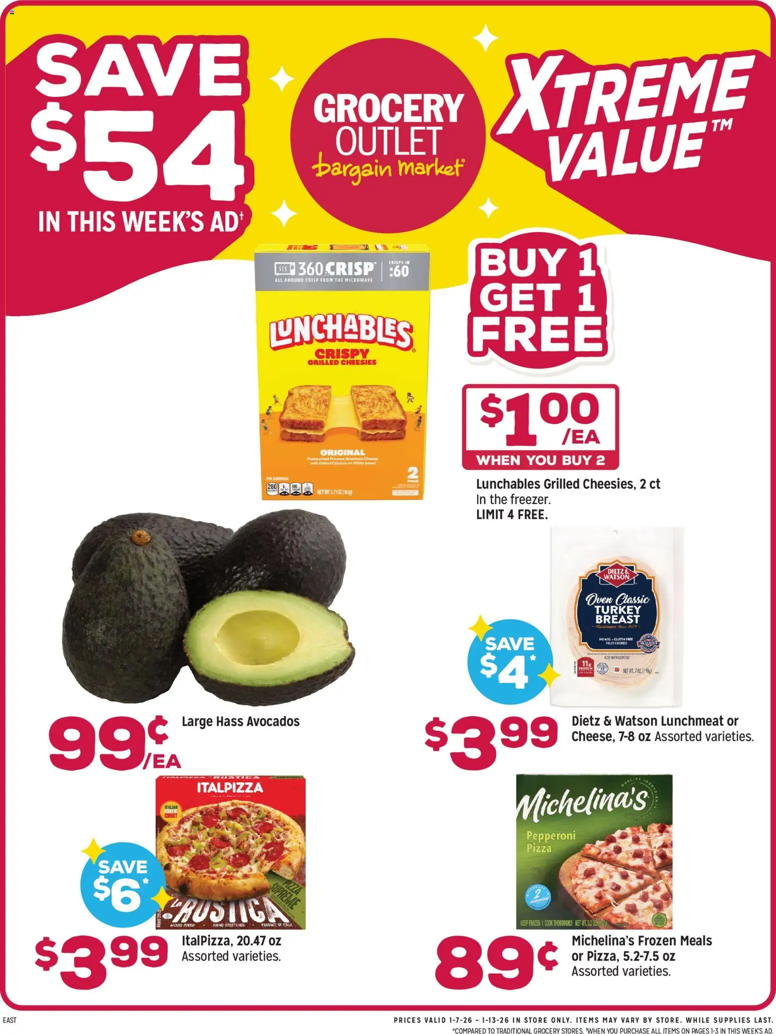 Grocery Outlet Weekly Ad - MD - valid from 07.01.2026 | Page: 1 | Products: Bread, Pizza, Microwave, Oven