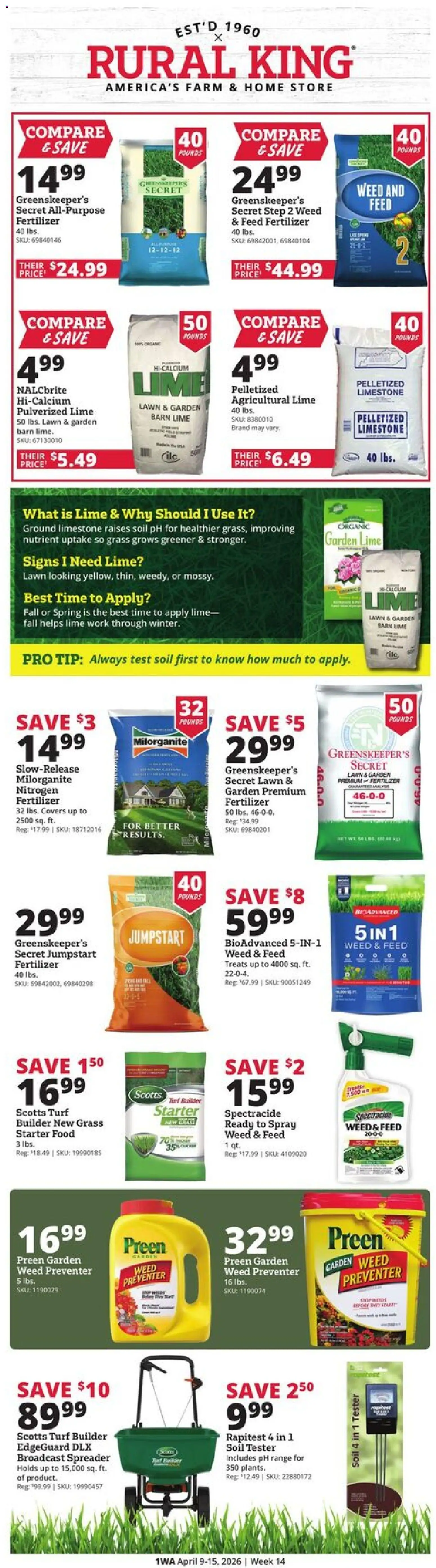 Rural King Weekly Ad - valid from 09.04.2026 | Page: 1 | Products: Starter, Lime