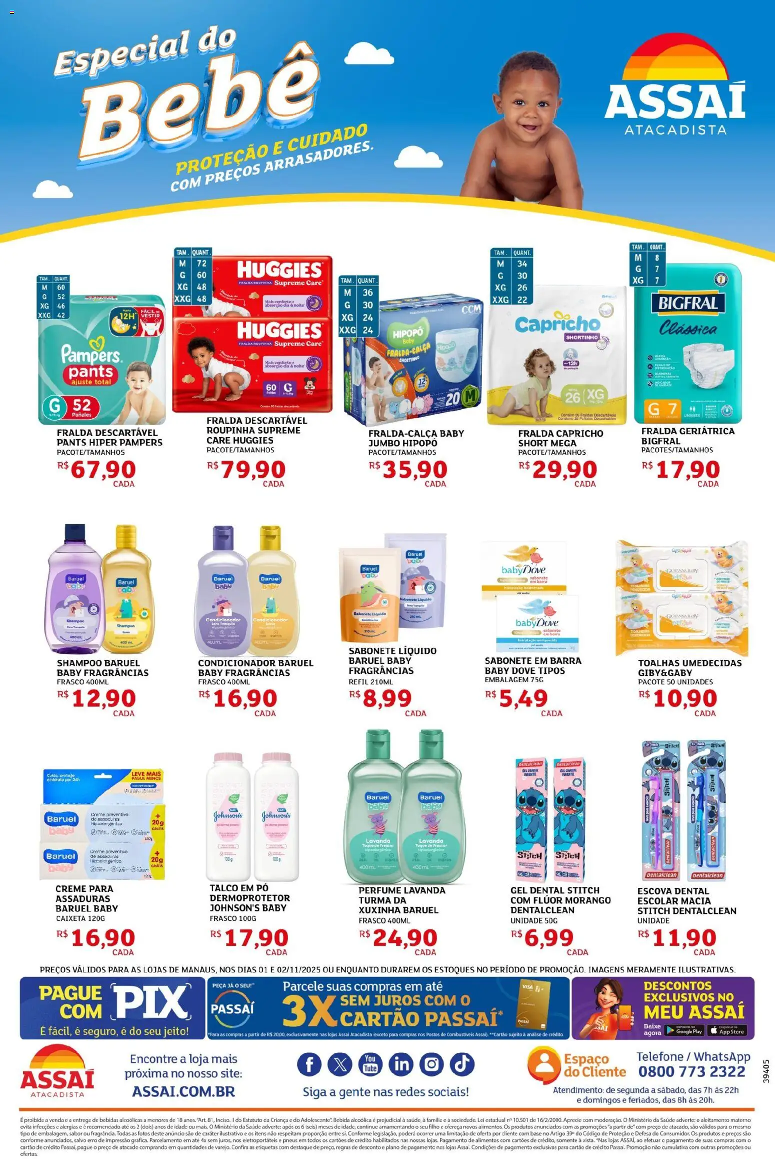 Assaí Atacadista Folheto - válido de 01.11.2025 | Página: 3 | Produtos: Talco, Pampers, Condicionador, Sabonete líquido