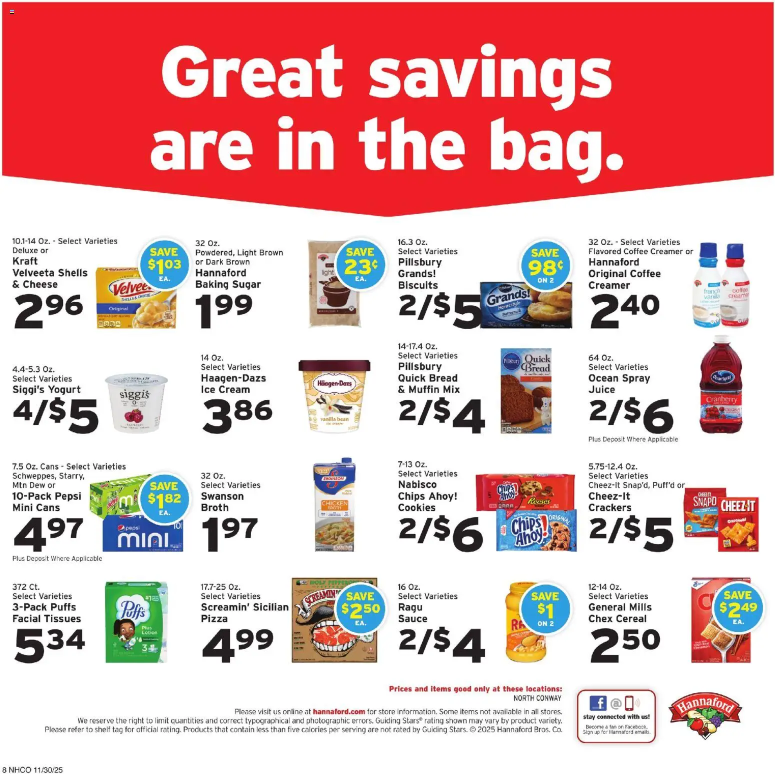Hannaford Weekly Ad - valid from 30.11.2025 | Page: 8 | Products: Cheese, Pizza, Cookies, 2人掛けソファ
