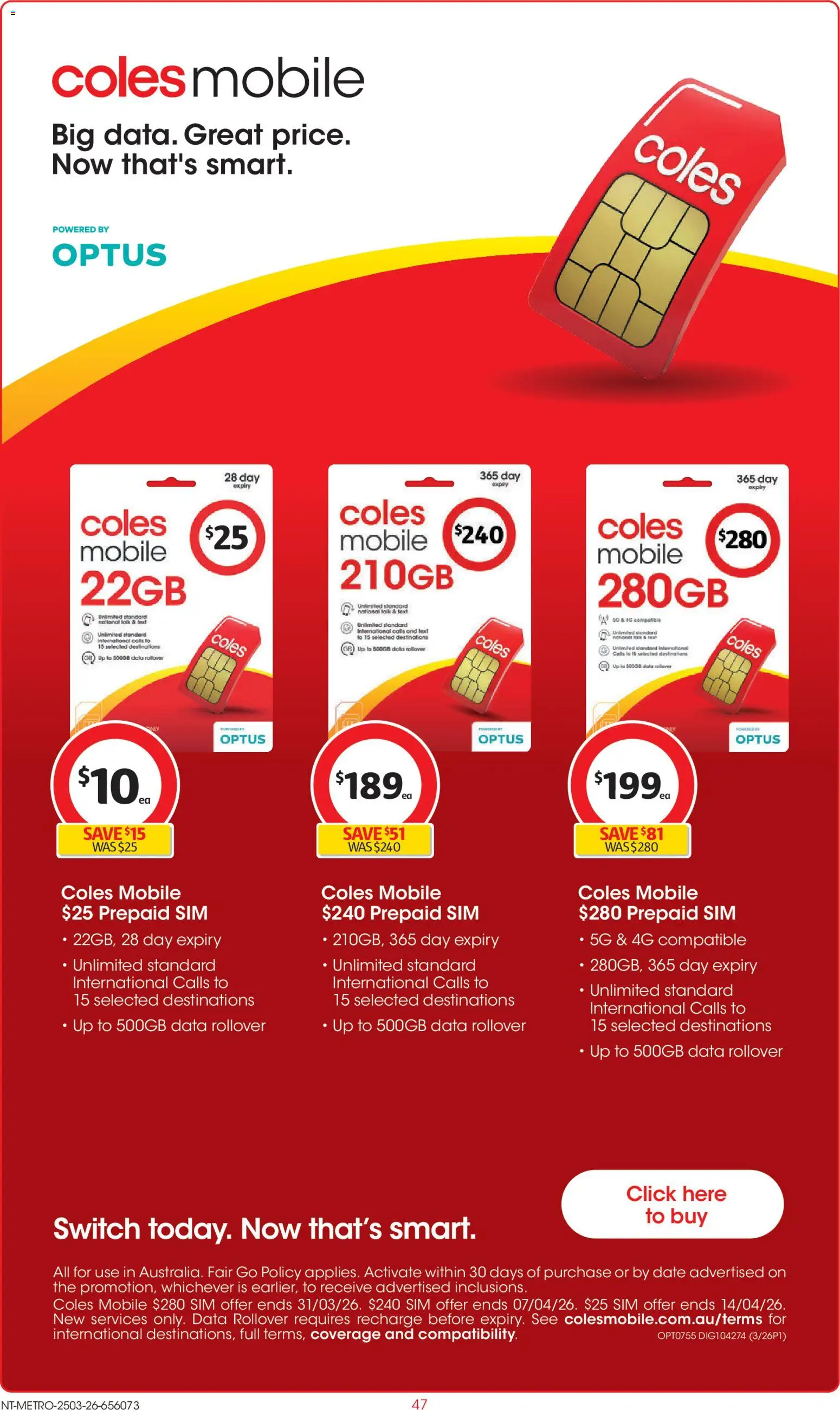Coles catalogue - valid from 25.03.2026 | Page: 47 | Products: Date, Mobile