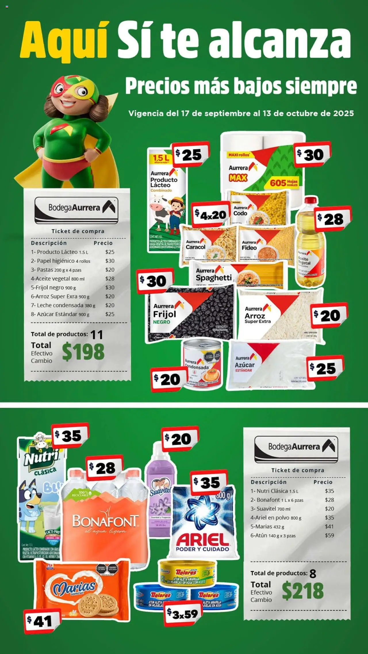 Nuevas ofertas de Bodega Aurrerá válidas en toda la República Mexicana desde el 17.09.2025. ¡Encuentra las mejores ofertas en Bodega Aurrerá - Folleto Aquí si te Alcanza! | Página: 1 | Productos: Agua, Hojuelas, Fragancia, Polvo