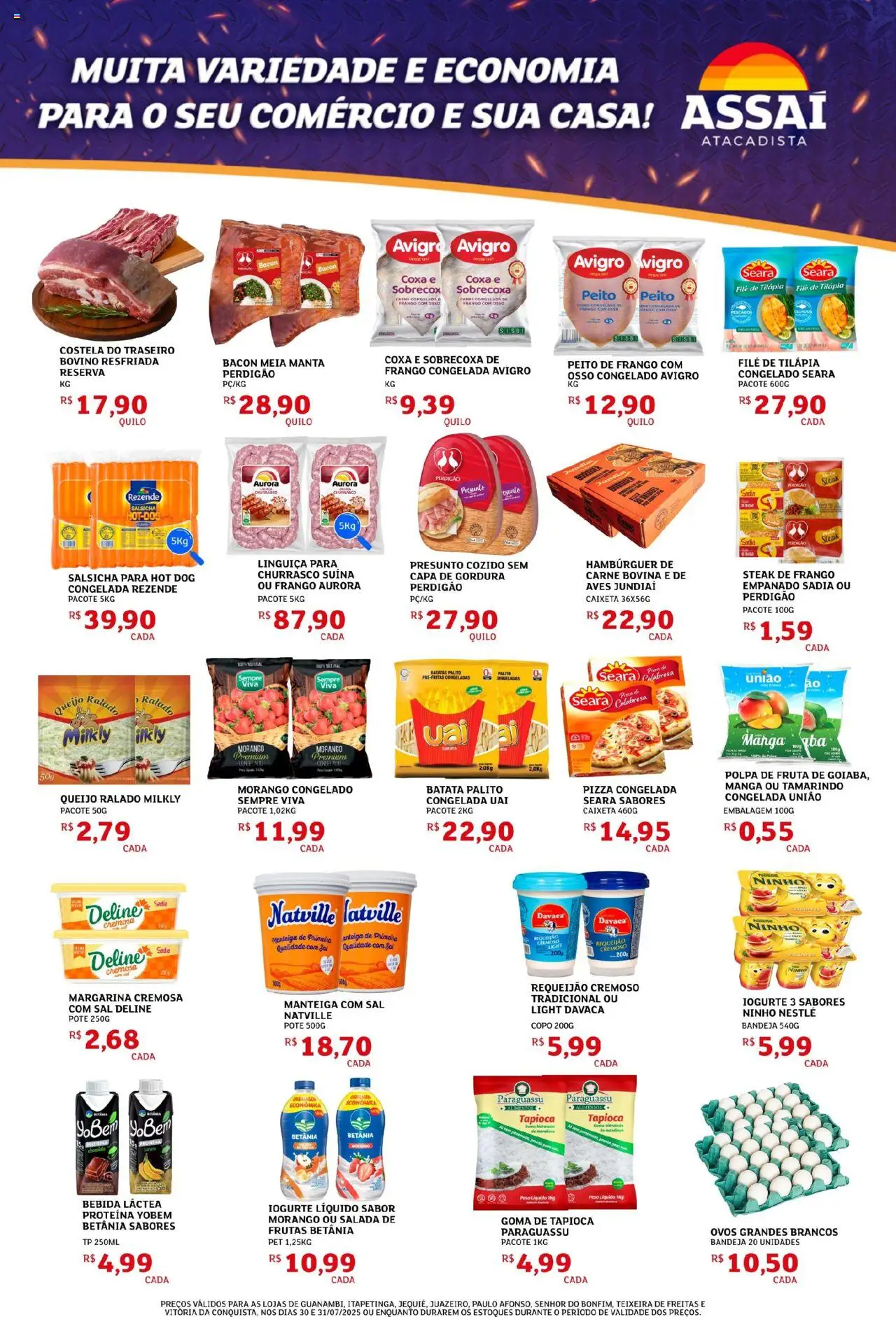 Assaí Atacadista Folheto - válido de 30.07.2025 | Página: 3 | Produtos: Iogurte, Pizza, Bebida, Peito de frango