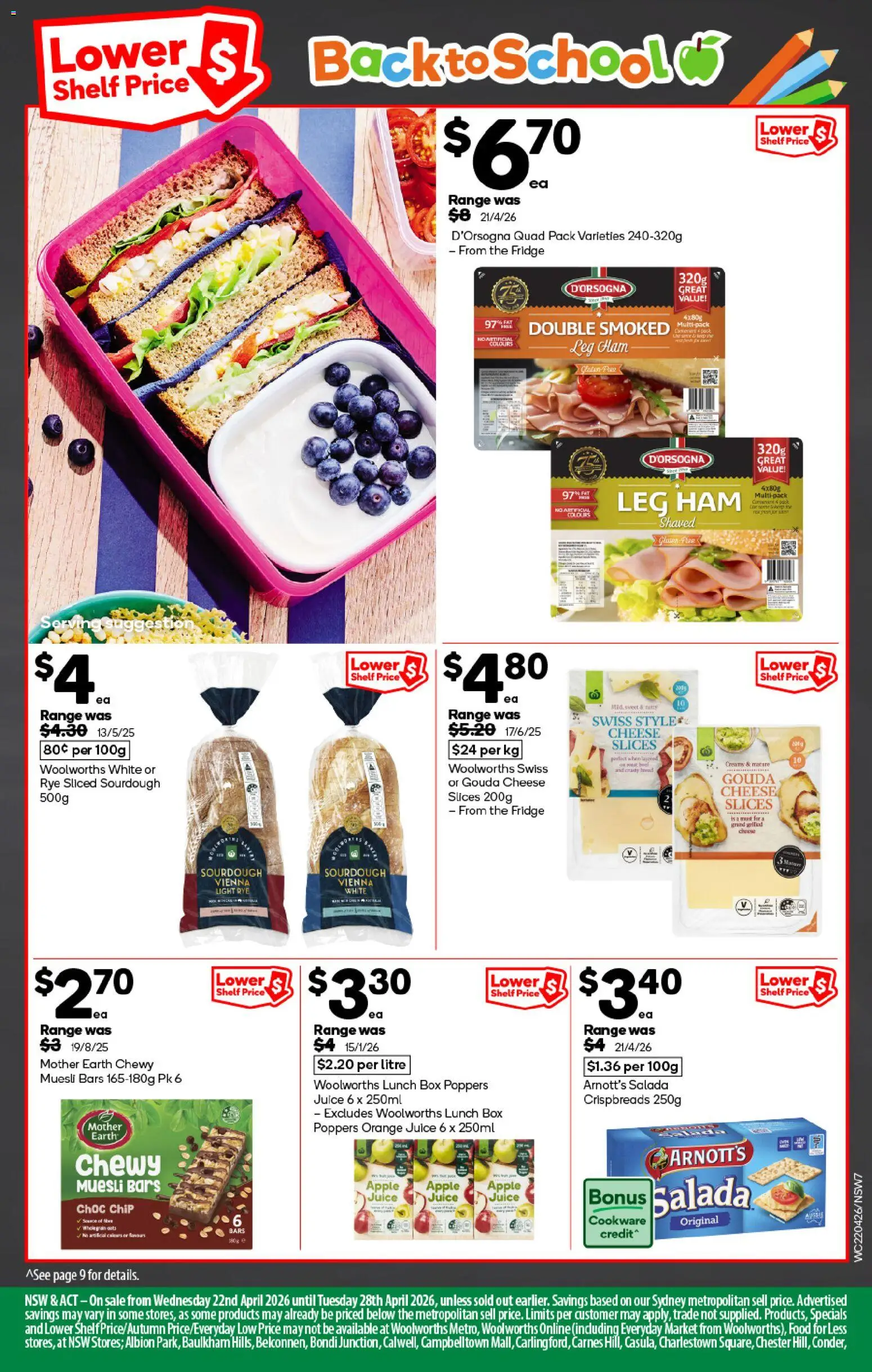 Woolworths catalogue - valid from 22.04.2026 | Page: 7 | Products: Bread, Ham, Juice, Cookware