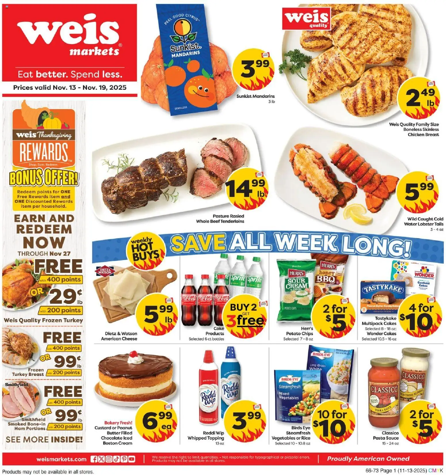 Weis Weekly Circular - VA - valid from 13.11.2025 | Page: 1 | Products: Bakery, Pasta, Cream, Water