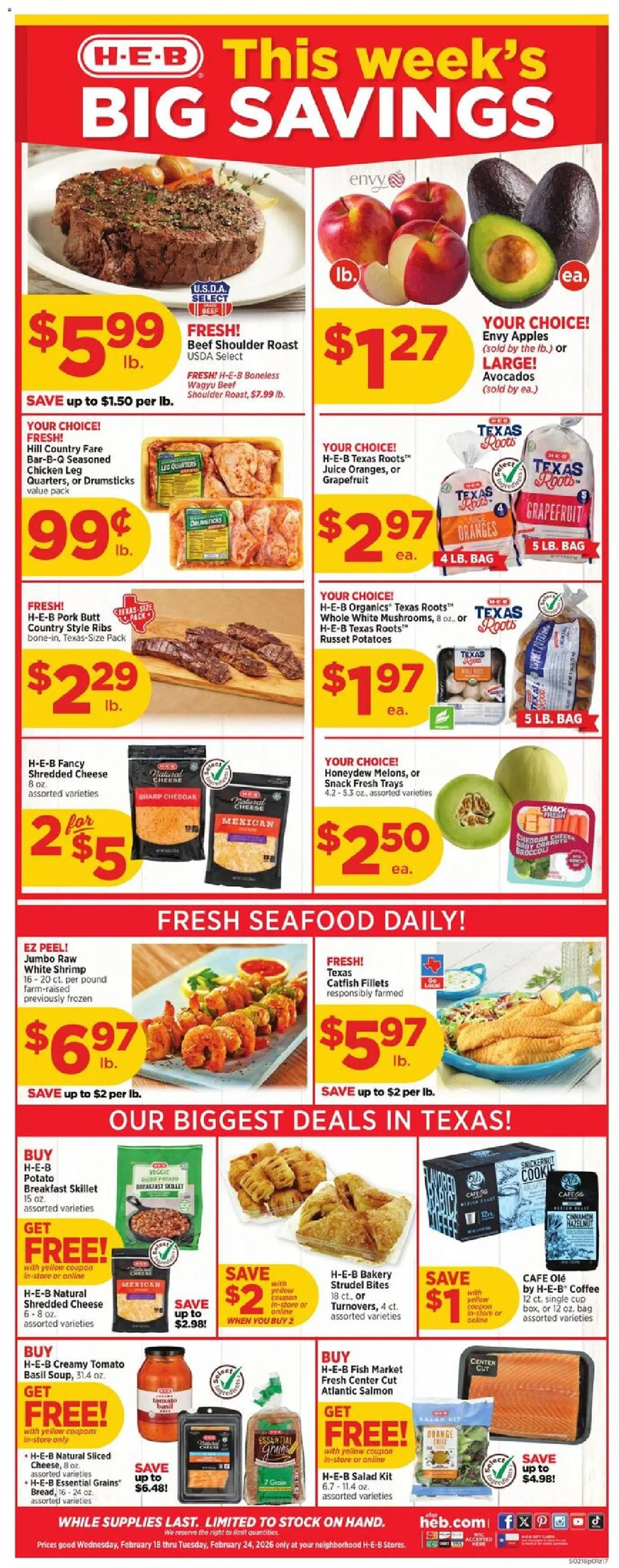 H-E-B Weekly Ad - valid from 18.02.2026 | Page: 1 | Products: Juice, Oranges, Fish, Grapefruit