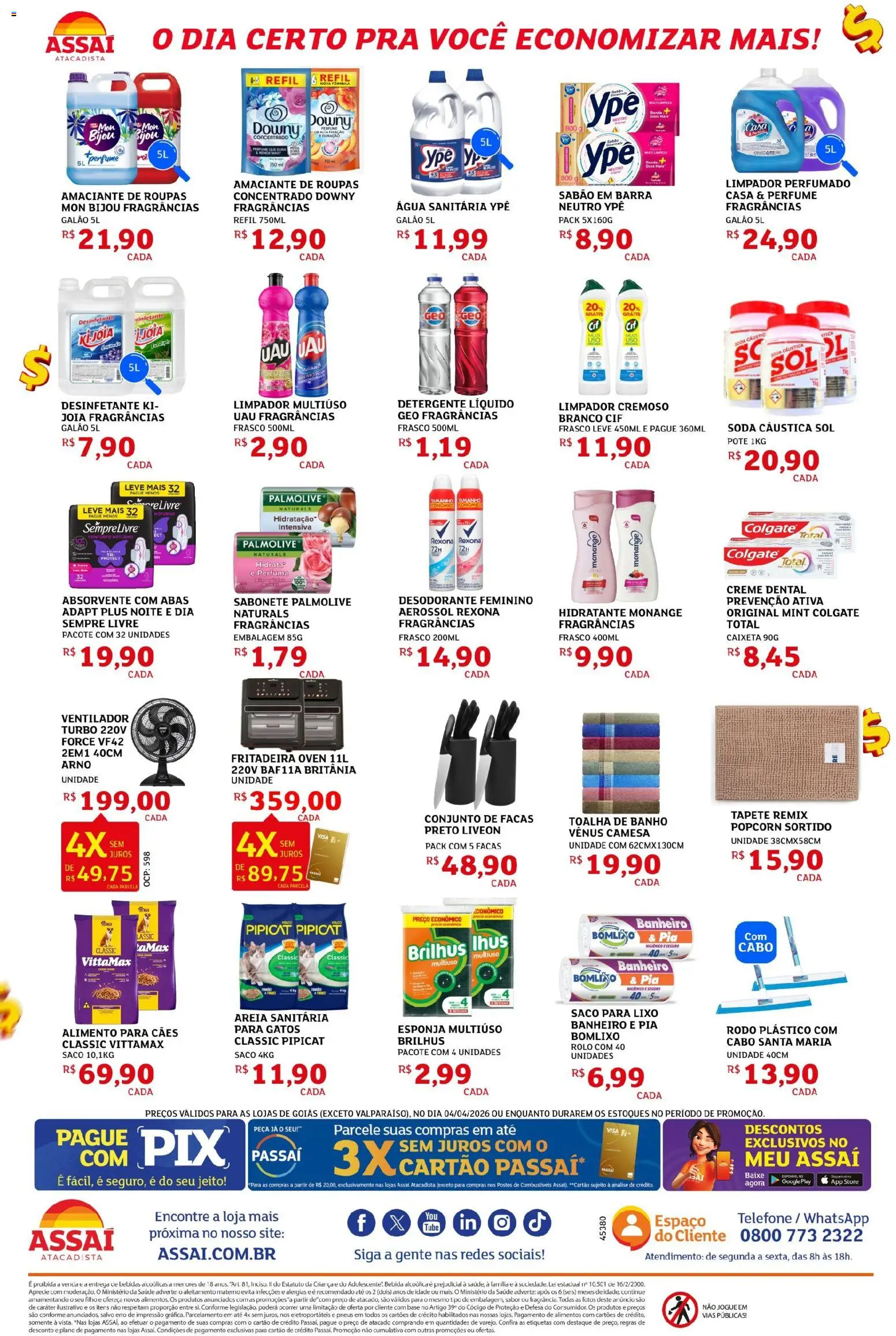 Assaí Atacadista Folheto - válido de 04.04.2026 | Página: 4 | Produtos: Sabão em barra, Desodorante, Absorvente, Água sanitária
