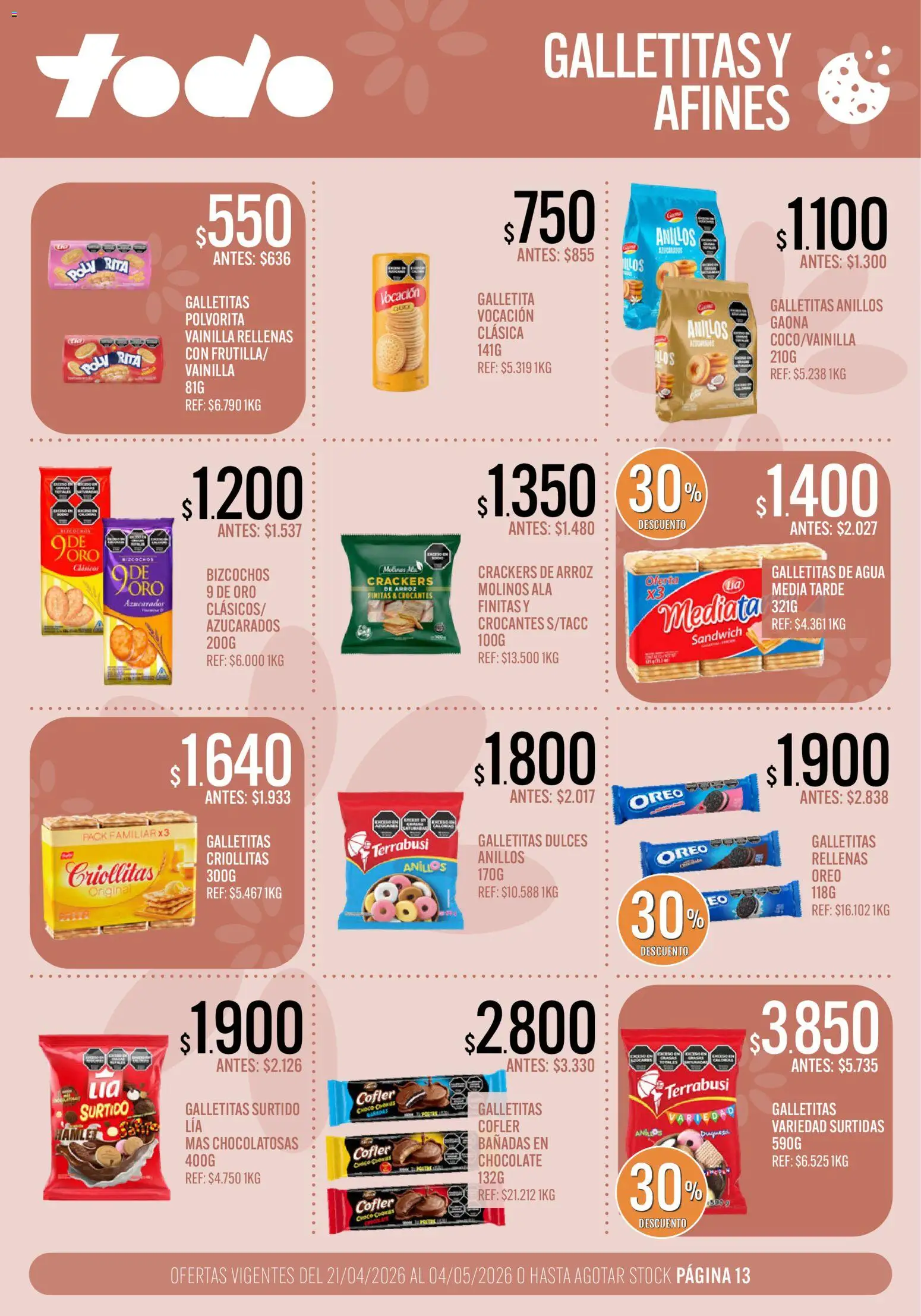 Supermercados TODO - Ofertas │ válido desde el 21.04.2026 | Página: 13 | Productos: Galletitas, Agua, Chocolate, Arroz