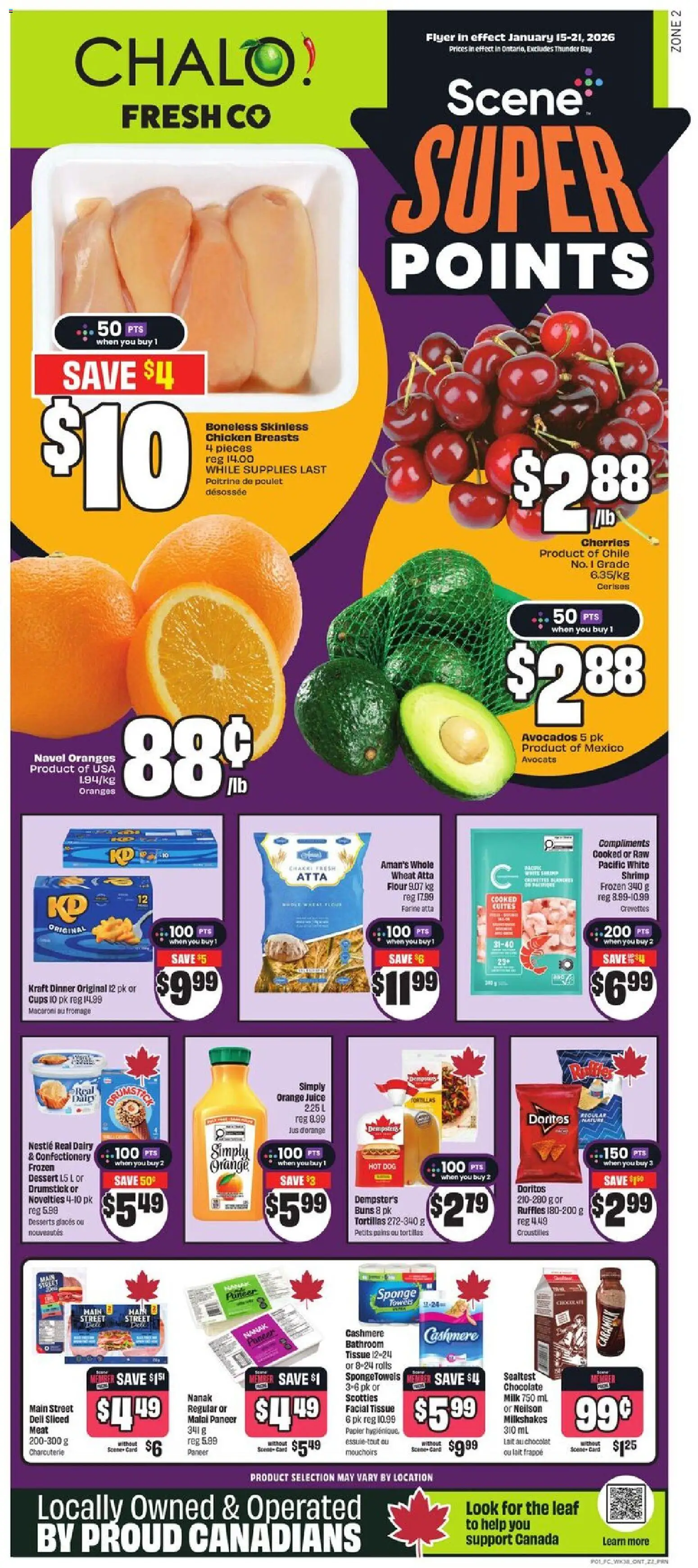 FreshCo flyer valid from 15.01.2026 | Page: 1 | Products: Chocolate, Juice, Chicken, Oranges