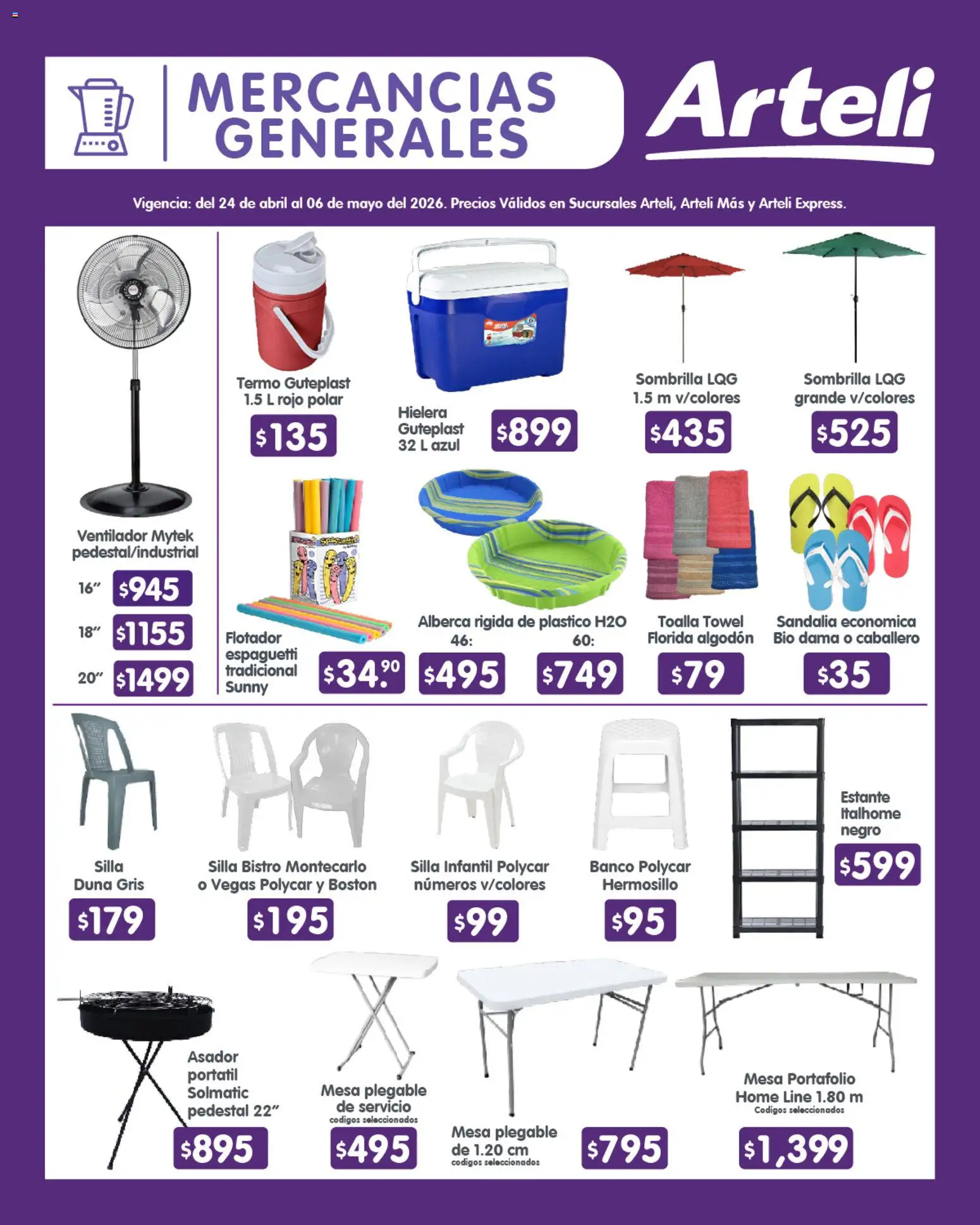 Nuevas ofertas de Arteli válidas en toda la República Mexicana desde el 24.04.2026. ¡Encuentra las mejores ofertas en Arteli folleto Quincenal! | Página: 17 | Productos: Silla, Hielera, Toalla, Banco