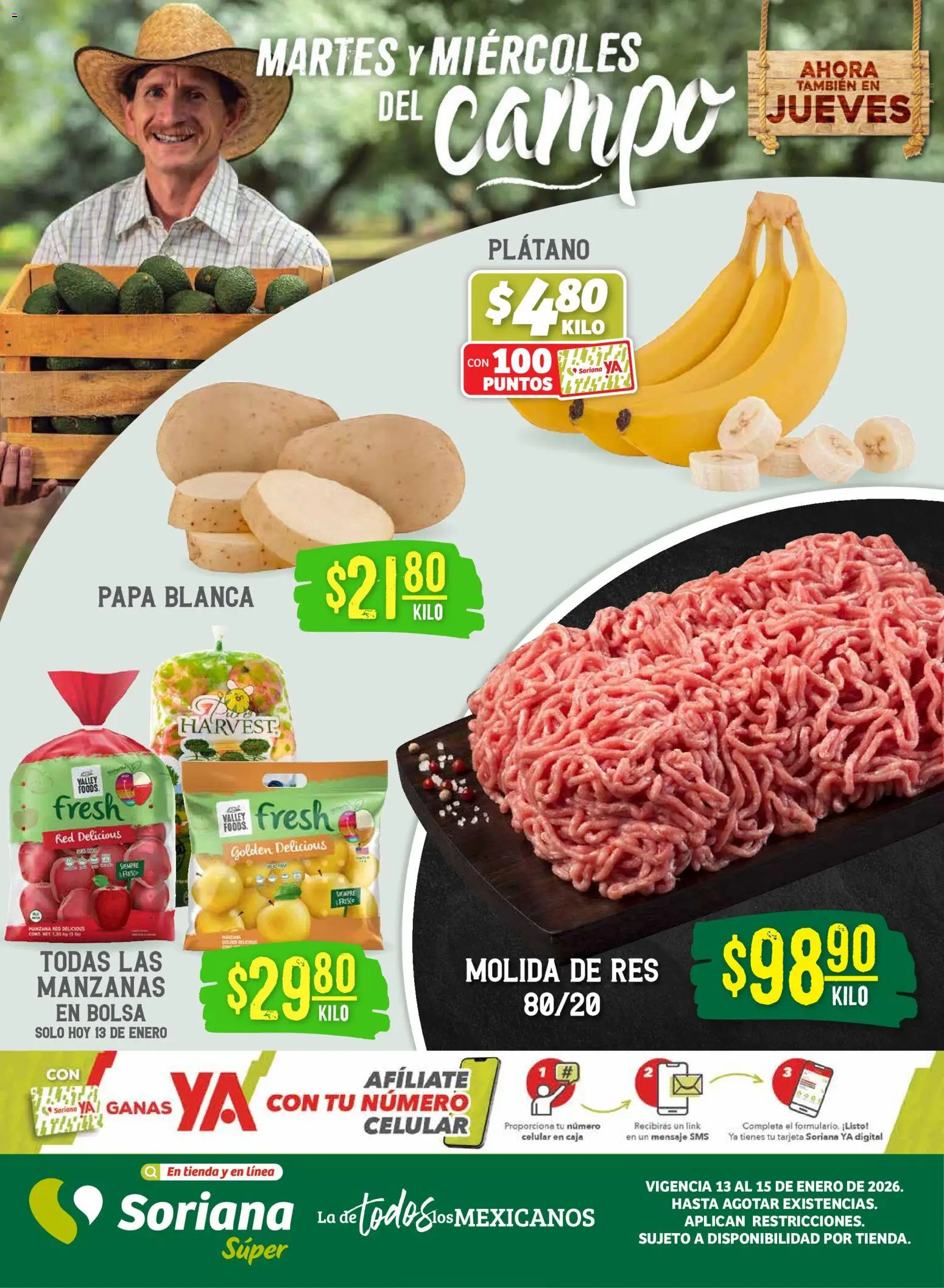 Nuevas ofertas de Soriana válidas en toda la República Mexicana desde el 13.01.2026. ¡Encuentra las mejores ofertas en Soriana - Martes y Miércoles del Campo Súper: Juárez! | Página: 1 | Productos: Papa, Bolsa, Manzana, Caja