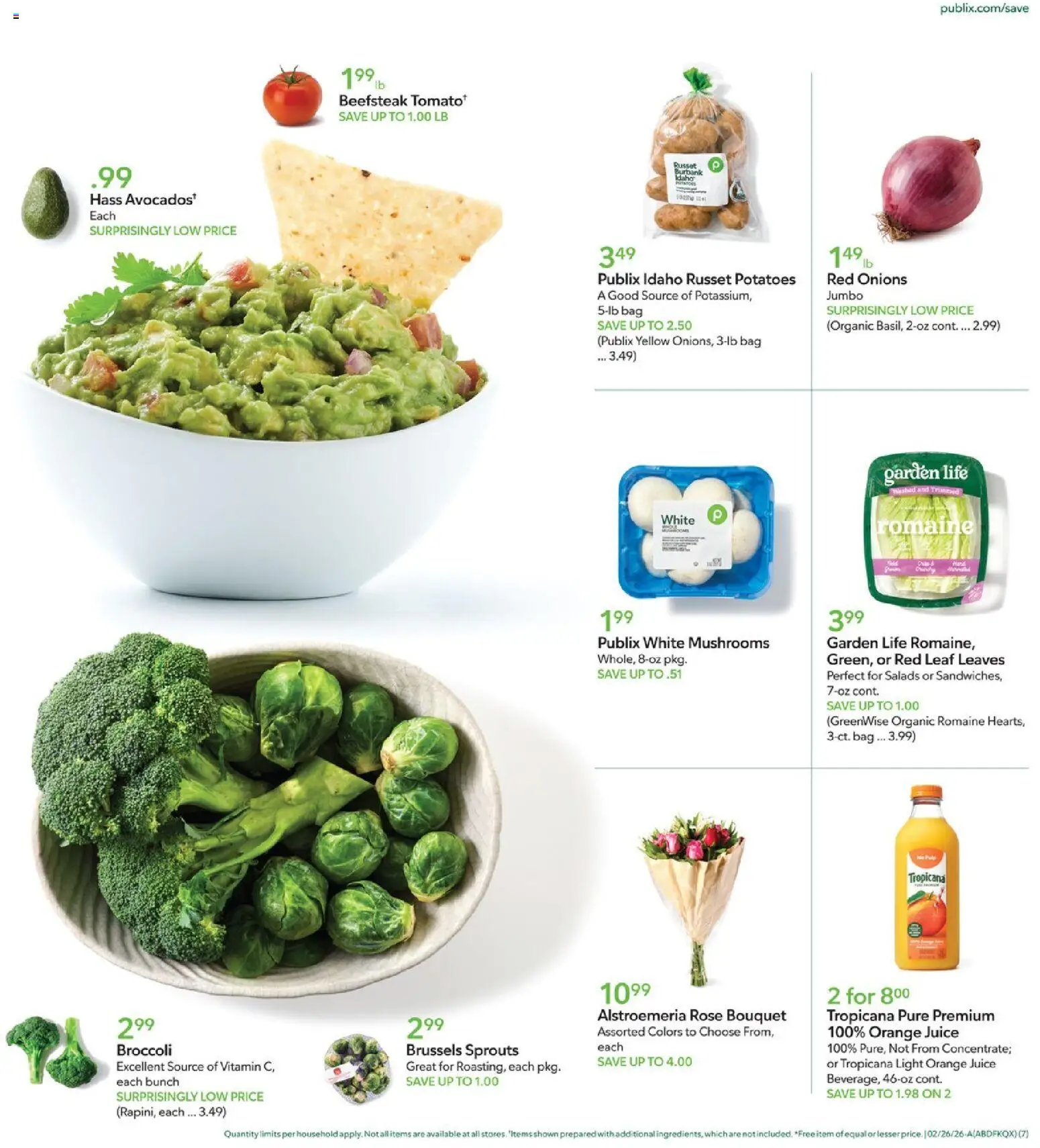 Publix Weekly Ad - valid from 25.02.2026 | Page: 7 | Products: Romaine, Brussels Sprouts, Juice, Potatoes