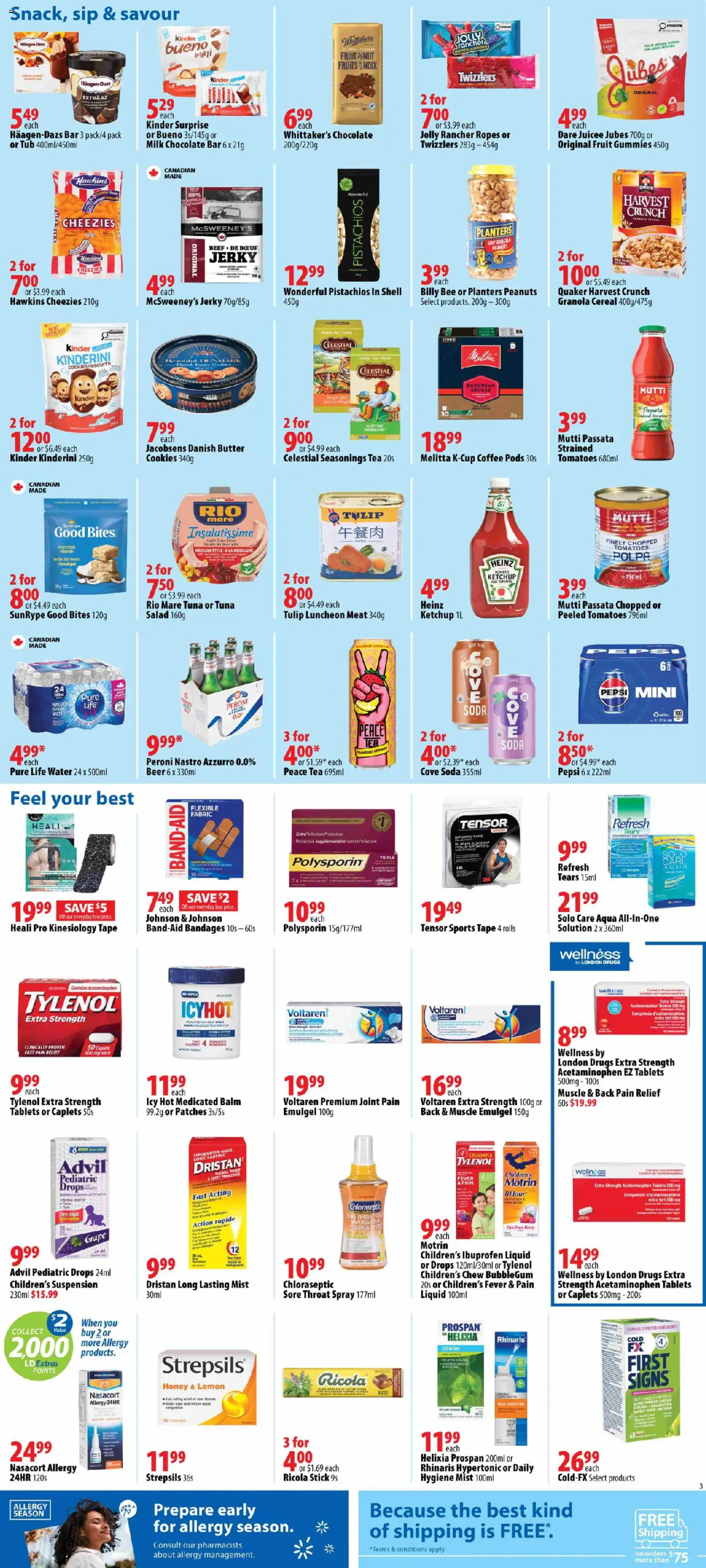 London Drugs flyer valid from 24.04.2026 | Page: 3 | Products: Cookies, Chocolate, Beer, Tomatoes