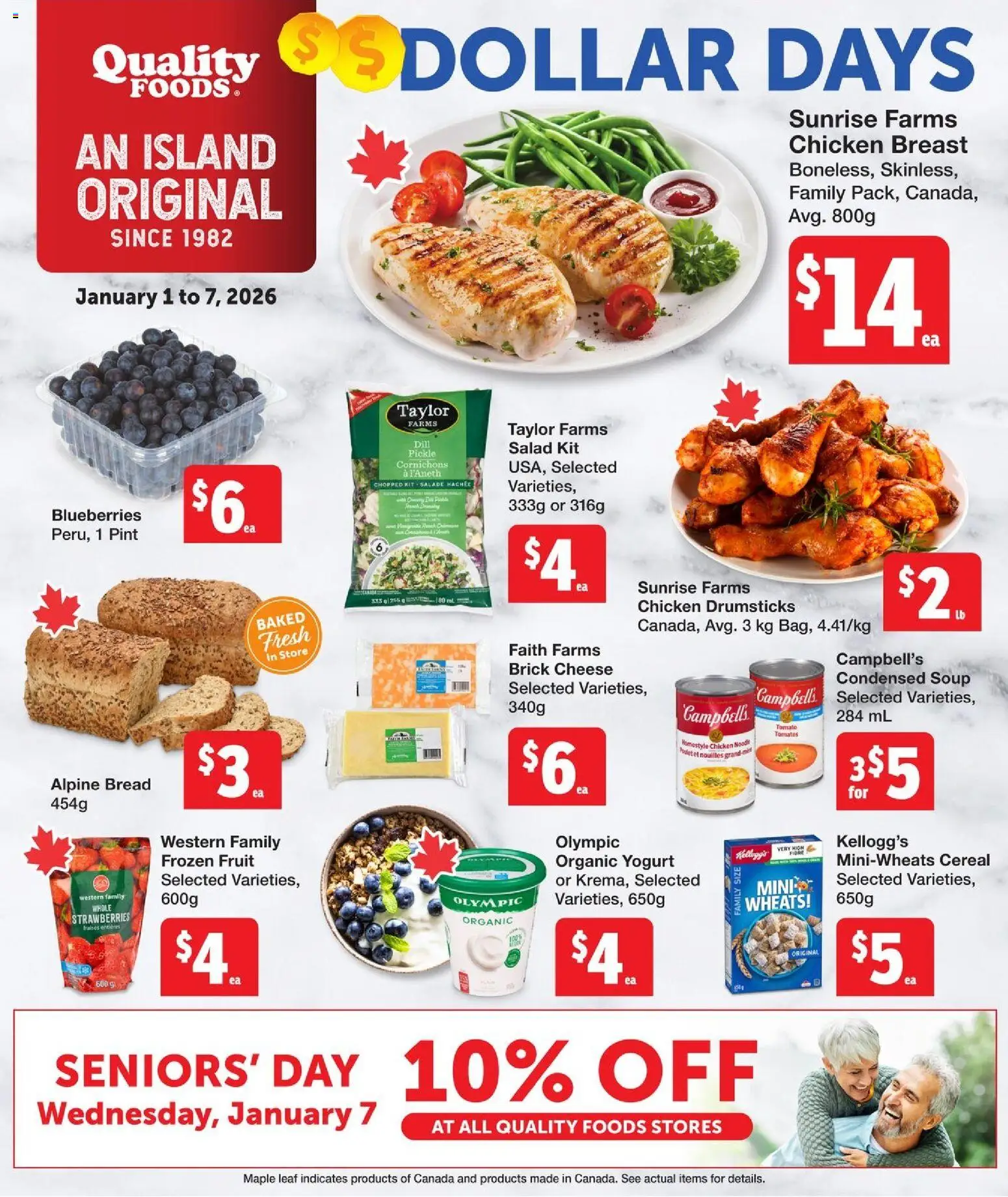 Quality Foods flyer valid from 01.01.2026 | Page: 1 | Products: Strawberries, Salad, Cheese, Bread