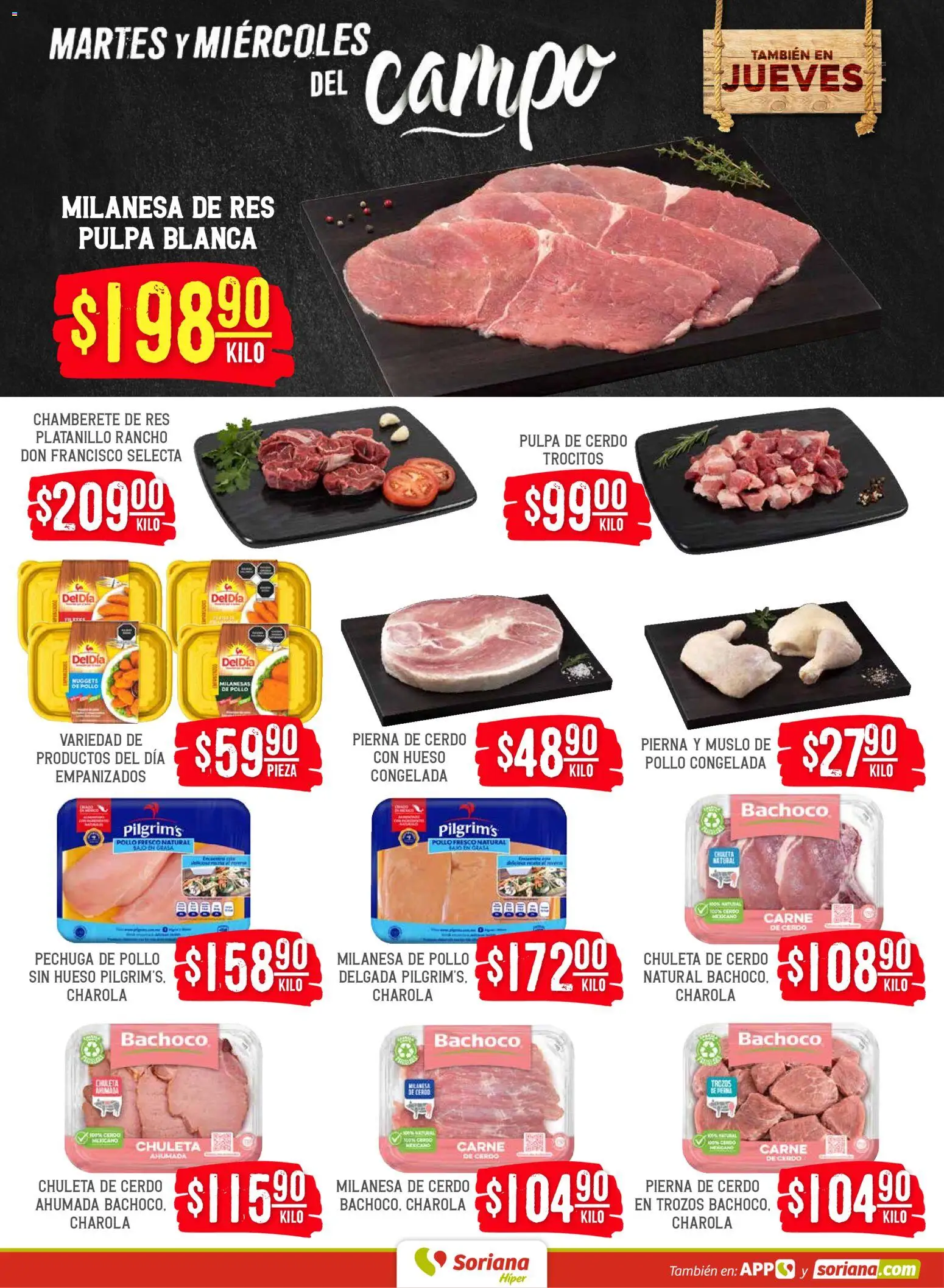 Nuevas ofertas de Soriana válidas en toda la República Mexicana desde el 28.04.2026. ¡Encuentra las mejores ofertas en Soriana Martes y Miércoles del Campo Híper: Juárez! | Página: 4 | Productos: Pollo, Milanesa, Cerdo, Res