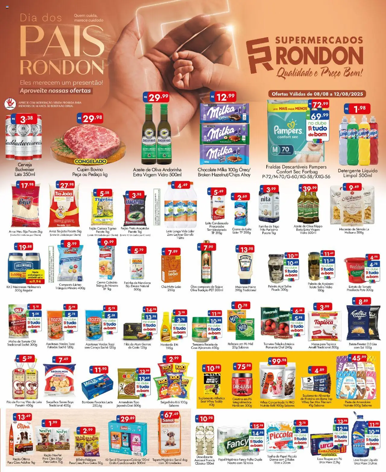 Supermercados Rondon Folheto - válido de 08.08.2025 | Página: 1 | Produtos: Farinha de trigo, Cerveja, Tomates, Soja