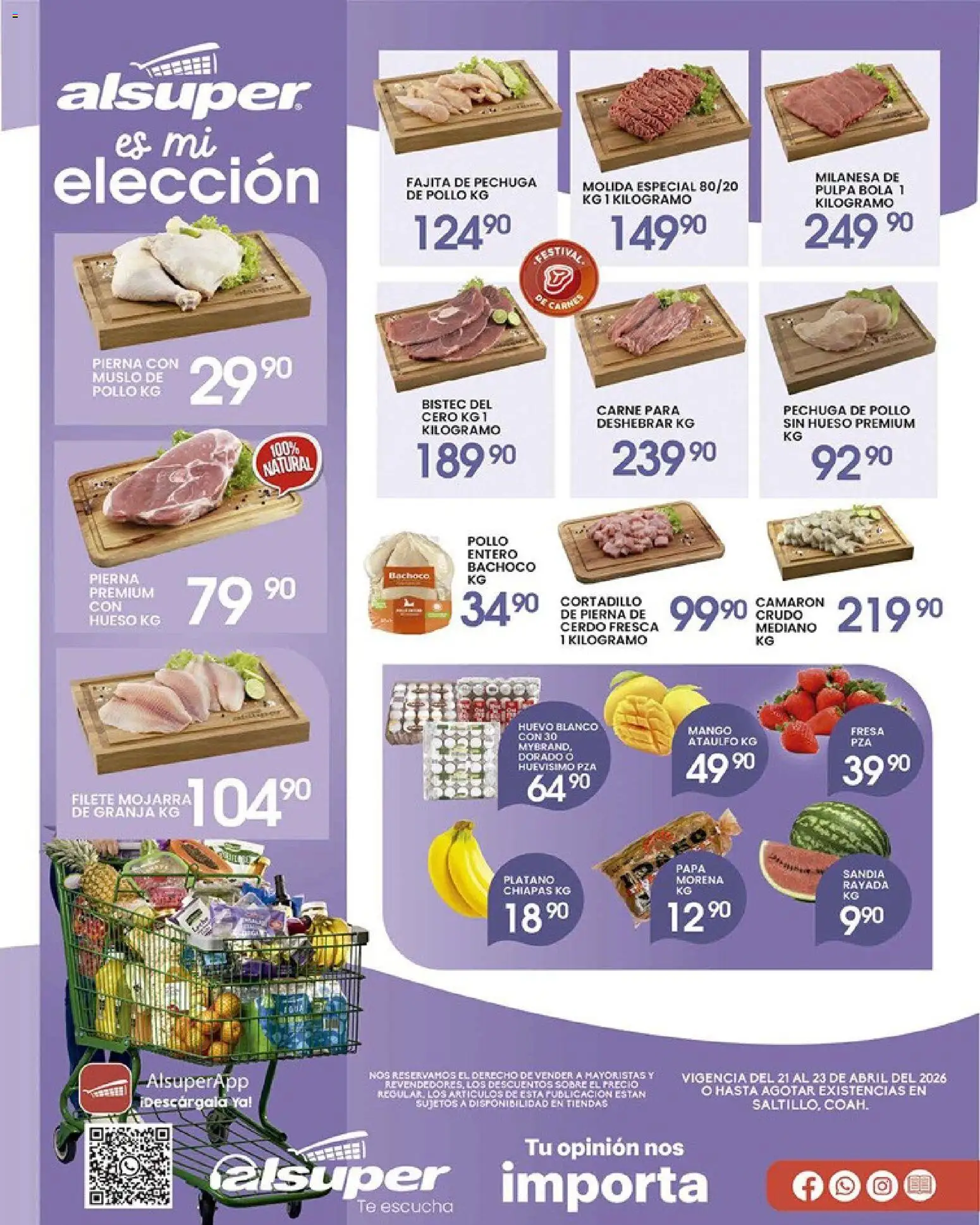 Nuevas ofertas de Alsuper válidas en toda la República Mexicana desde el 21.04.2026. ¡Encuentra las mejores ofertas en Alsuper folleto Saltillo! | Página: 1 | Productos: Plátano, Huevo, Mango, Cerdo