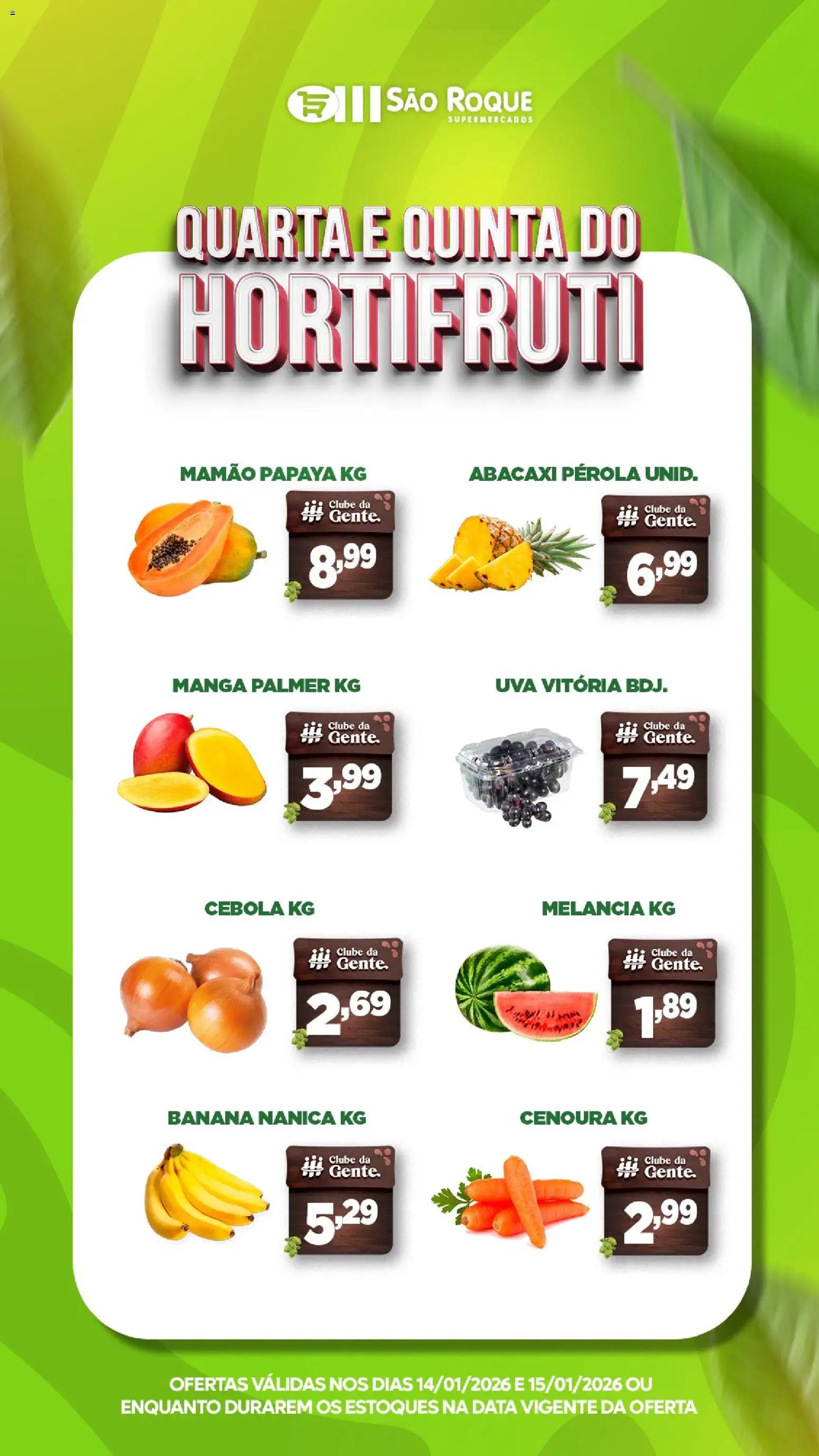 São Roque Supermercados Folheto - válido de 14.01.2026 | Página: 1 | Produtos: Melancia, Cebola, Abacaxi, Cenoura