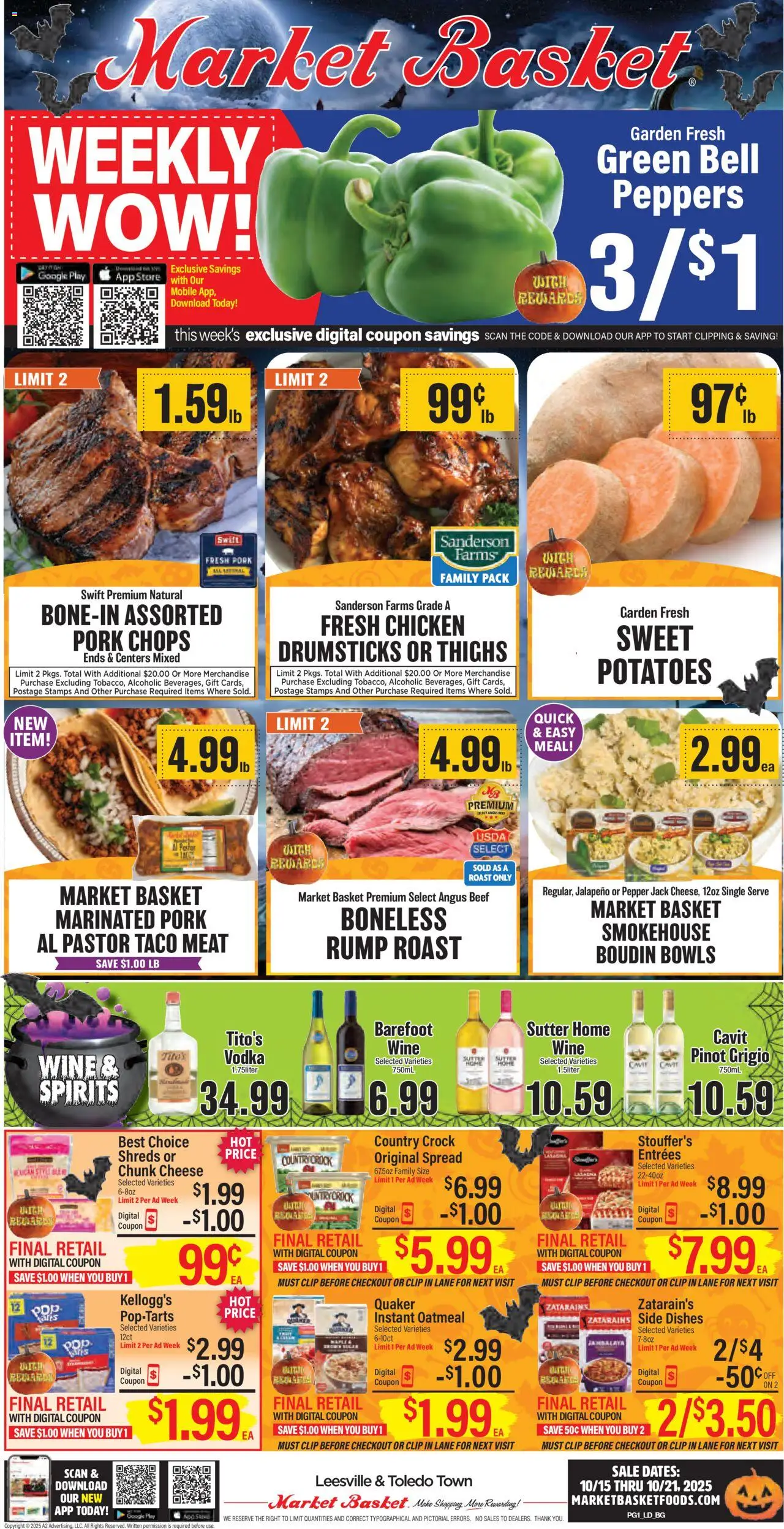 Market Basket Weekly Ad - valid from 15.10.2025 | Page: 1 | Products: Peppers, Basket, Pork, Vodka