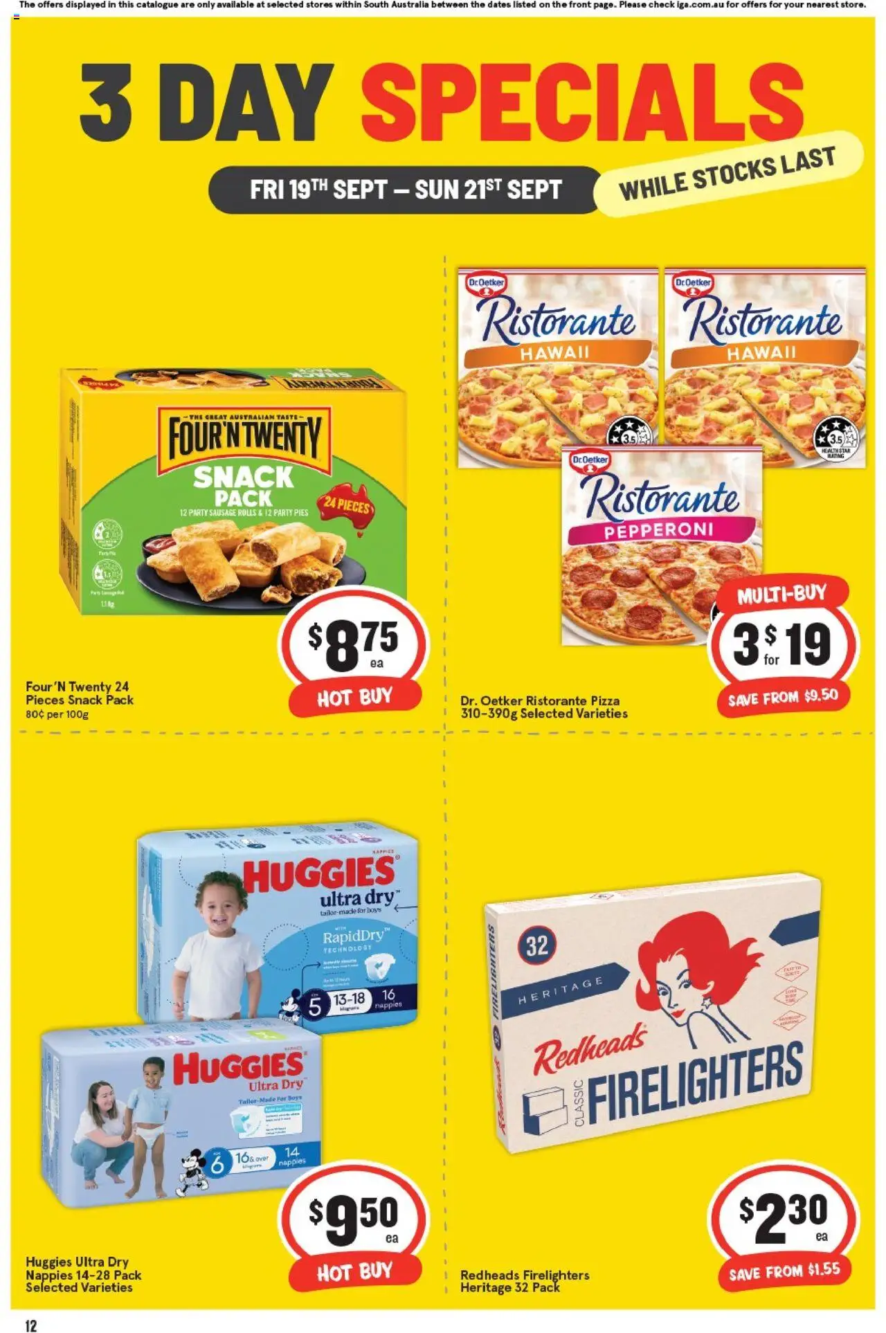 IGA catalogue - valid from 19.09.2025 | Page: 4 | Products: Pizza, Nappies, Sausage, Pies
