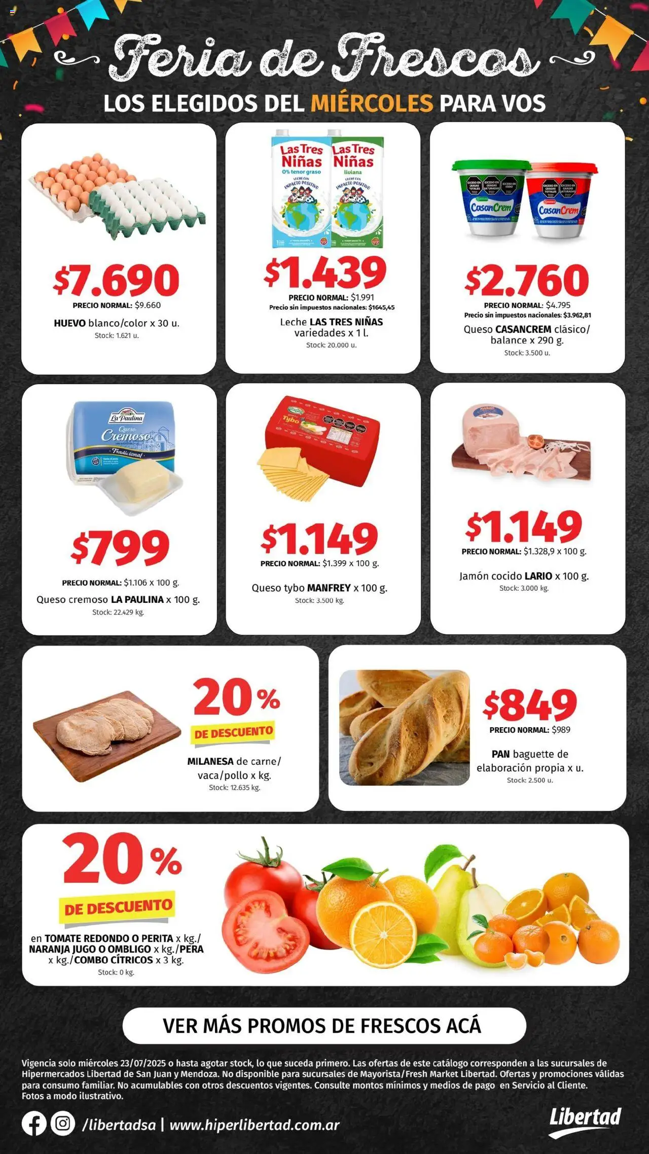 Hipermercado Libertad - Feria de Frescos - CUYO │ válido desde el 23.07.2025 | Página: 1 | Productos: Milanesa, Jamón cocido, Huevo, Jugo