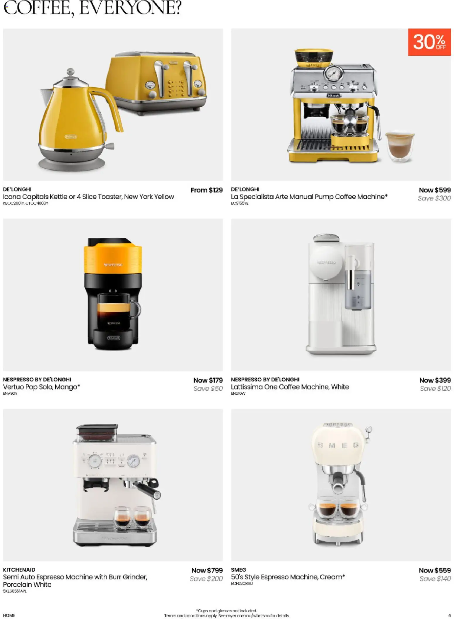 Myer catalogue - valid from 11.11.2025 | Page: 4 | Products: Coffee, Glasses, Kettle, Espresso machine
