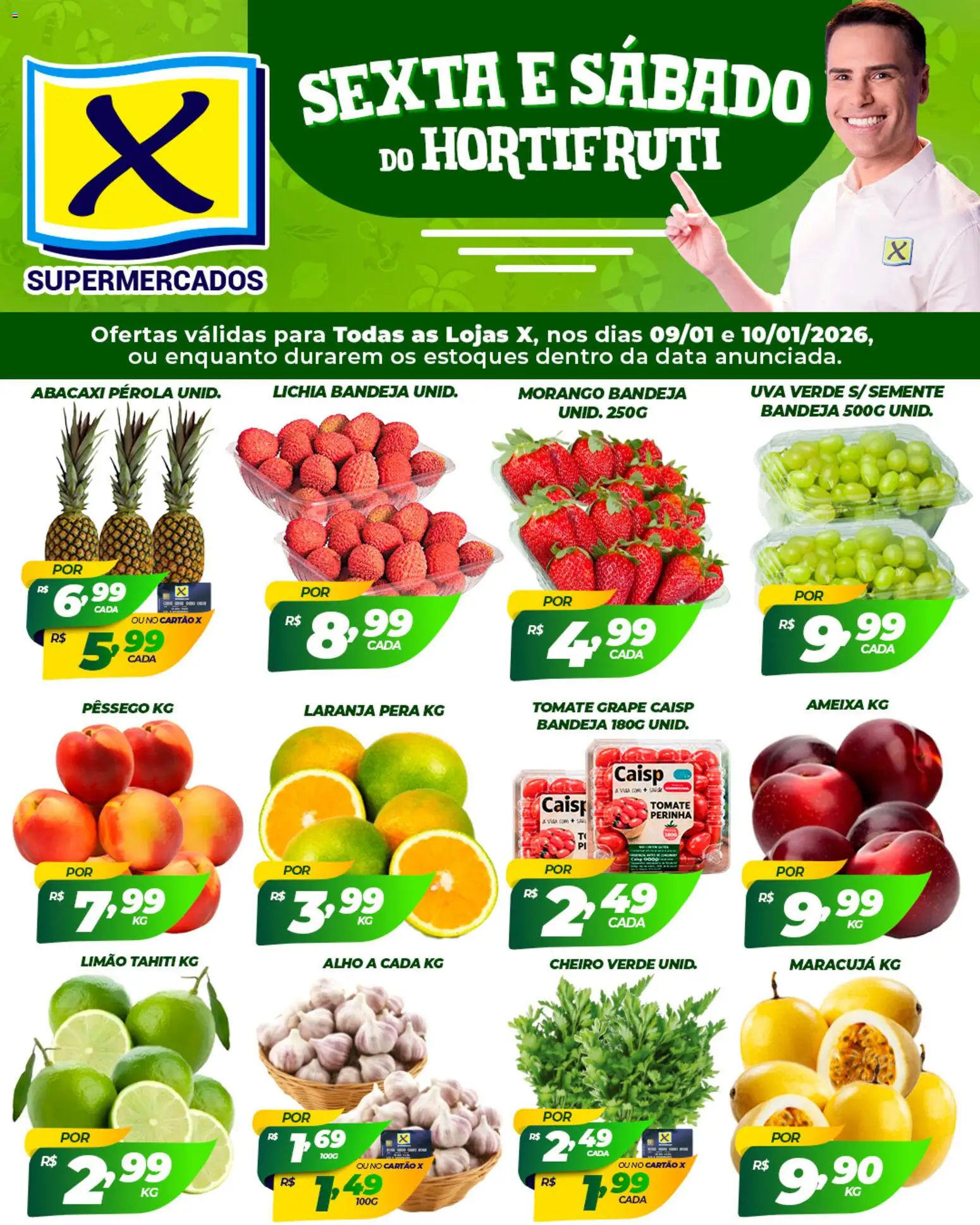 X Supermercados Folheto - válido de 09.01.2026 | Página: 1 | Produtos: Pera, Pêssego, Abacaxi, Bandeja