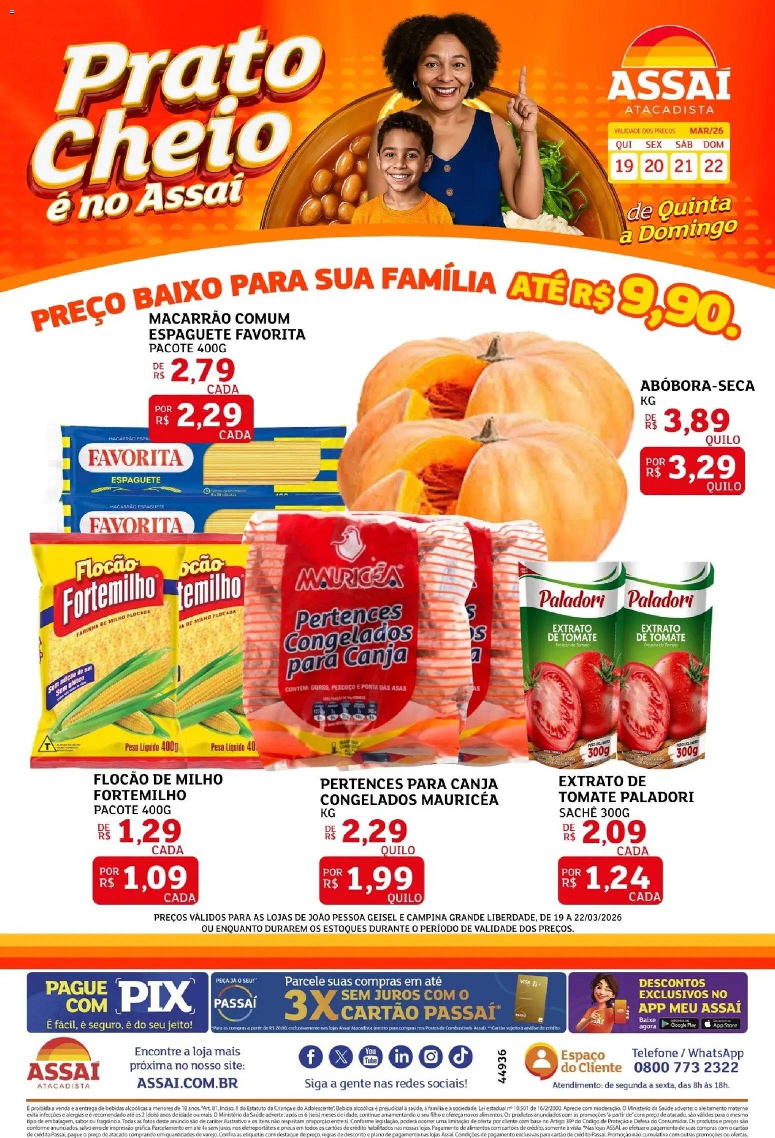 Assaí Atacadista ofertas - PB Folheto - válido de 19.03.2026 | Página: 1 | Produtos: Espaguete, Base, Bebida, Telefone