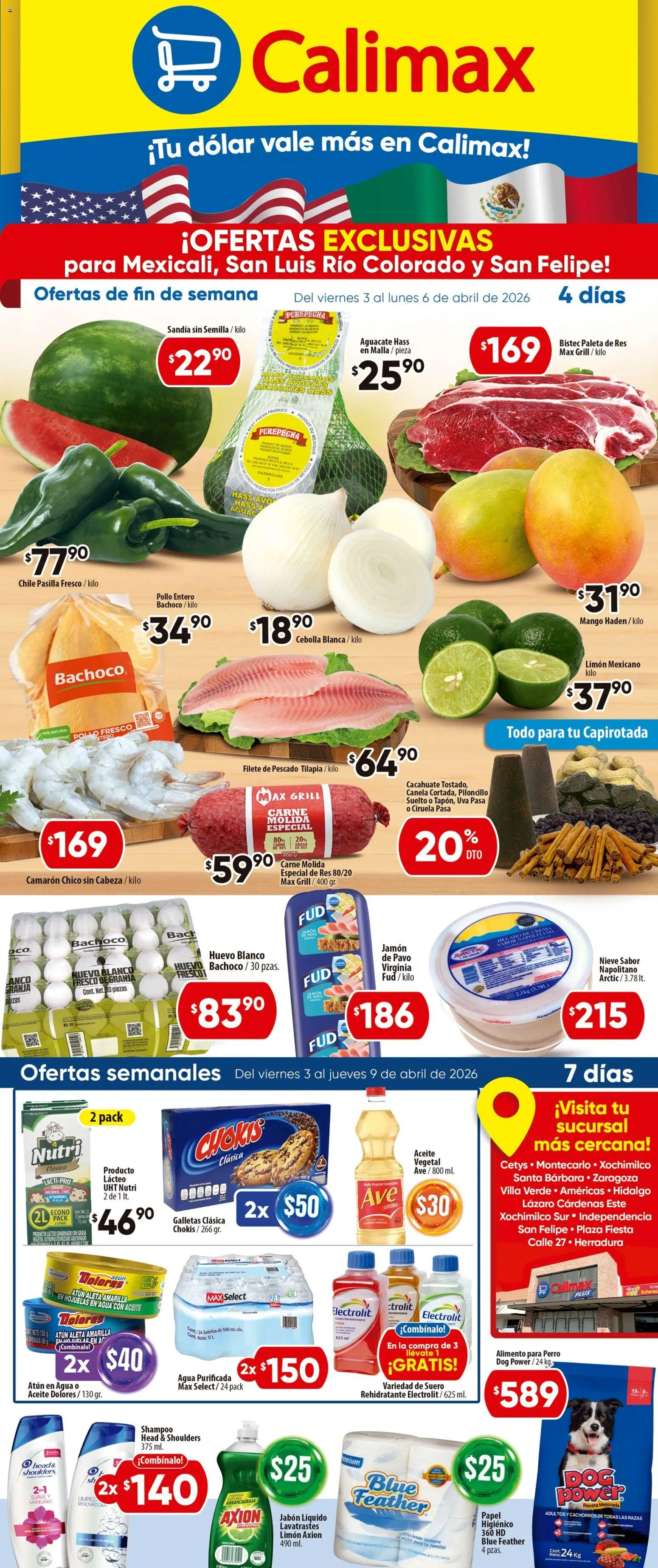 Nuevas ofertas de Calimax válidas en toda la República Mexicana desde el 03.04.2026. ¡Encuentra las mejores ofertas en Calimax folleto Mexicali y SLRC! | Página: 1 | Productos: Pollo, Jabón líquido, Cacahuate, Cocina