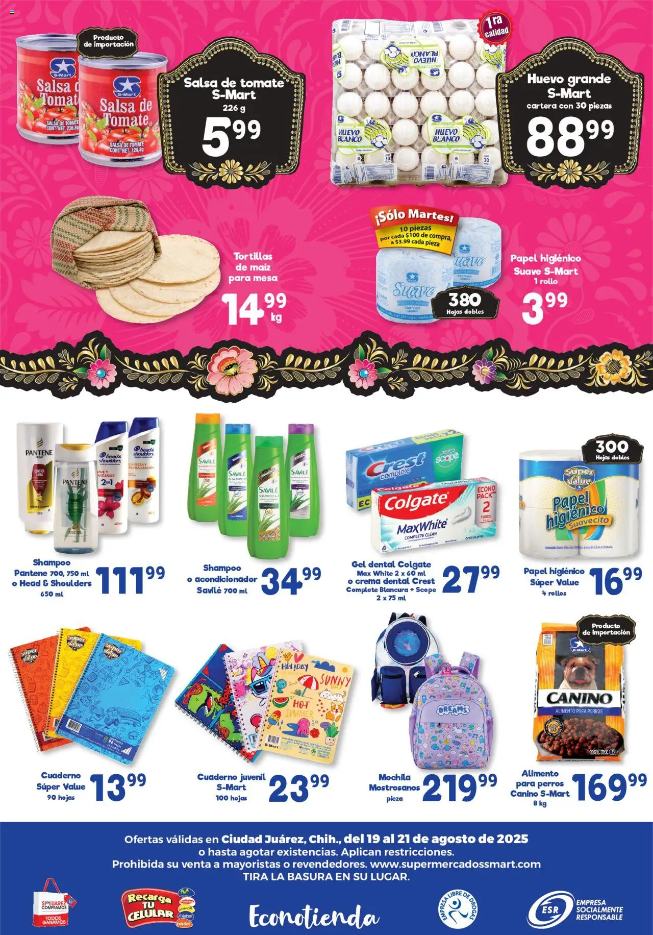Nuevas ofertas de S-Mart válidas en toda la República Mexicana desde el 19.08.2025. ¡Encuentra las mejores ofertas en S-Mart - Folleto - Juarez! | Página: 6 | Productos: Huevo, Mochila, Papel higiénico, Mesa