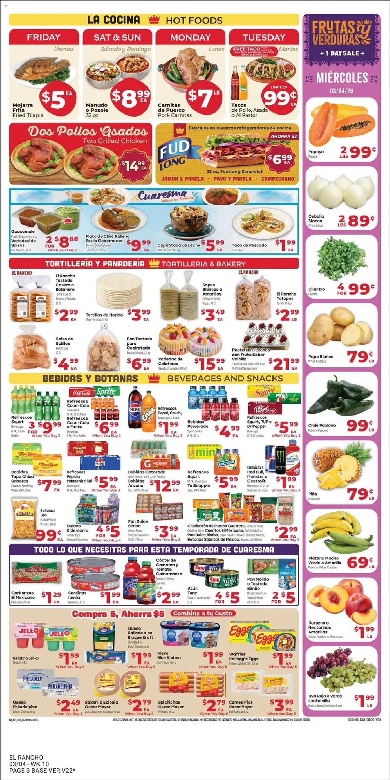 El Rancho Weekly Ad - valid from 04.03.2026 | Page: 3 | Products: Peaches, Oil, Bread, Sheet