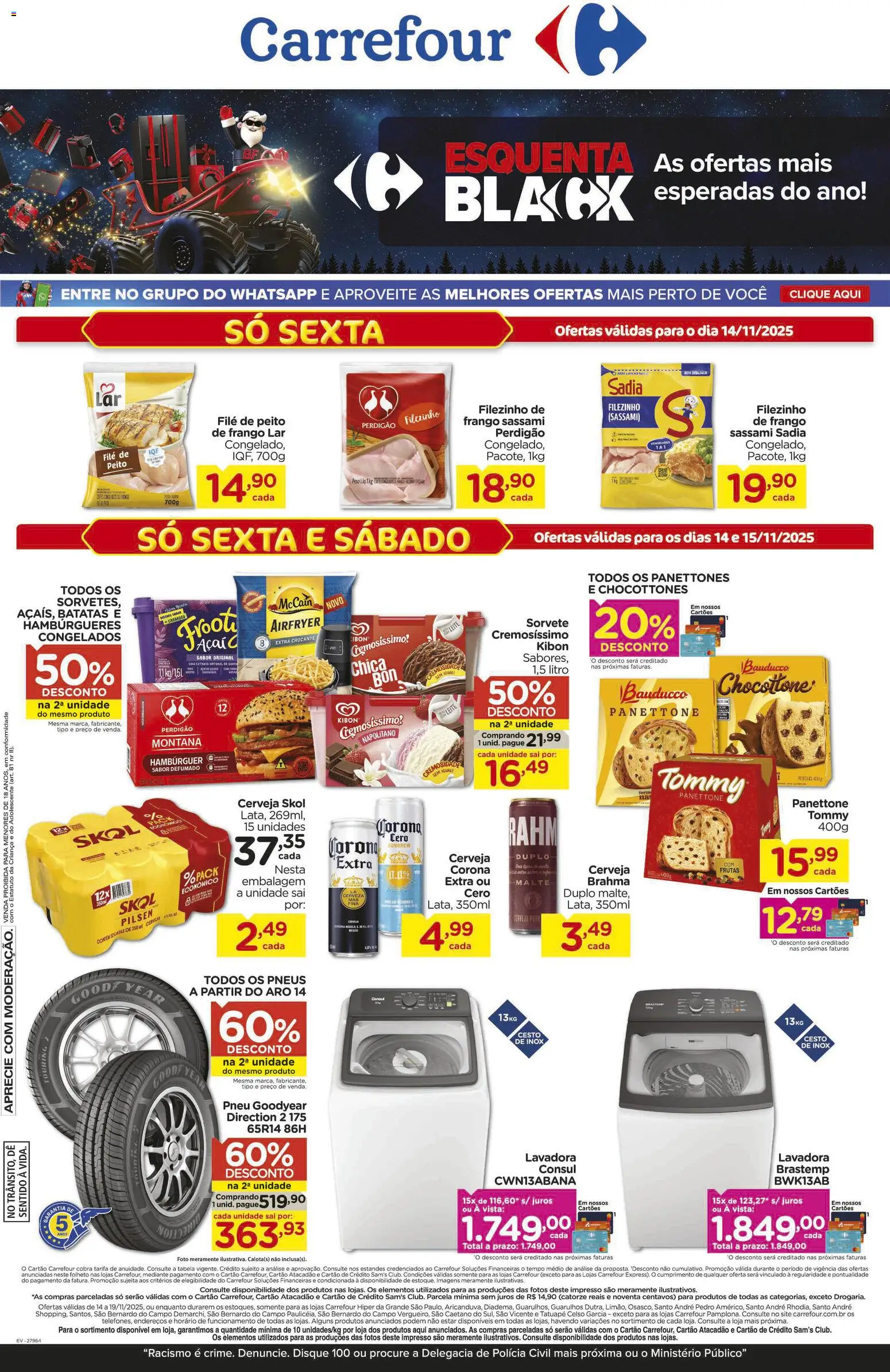 Carrefour Folheto - válido de 14.11.2025 | Página: 1 | Produtos: Pneu, Panettone, Hambúrguer, Frango