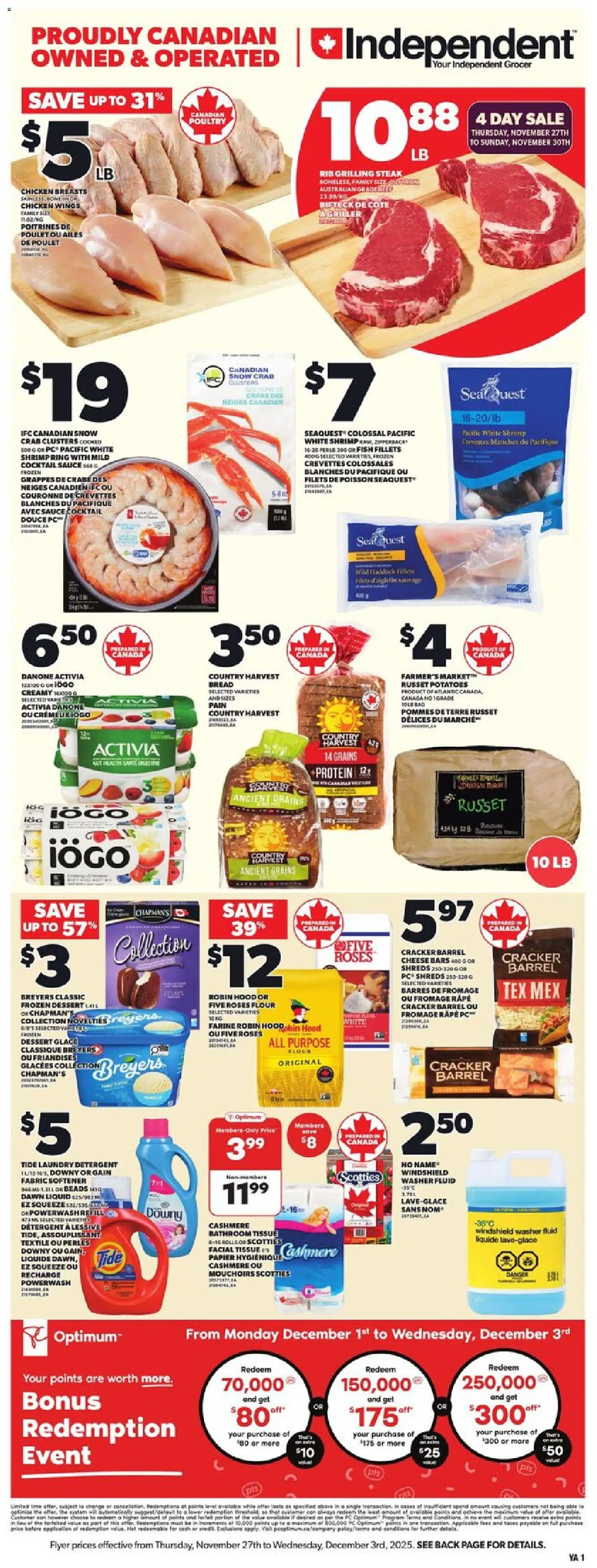 Independent Grocer flyer valid from 27.11.2025 | Page: 3 | Products: Chicken wings, Potatoes, Cheese, Bread
