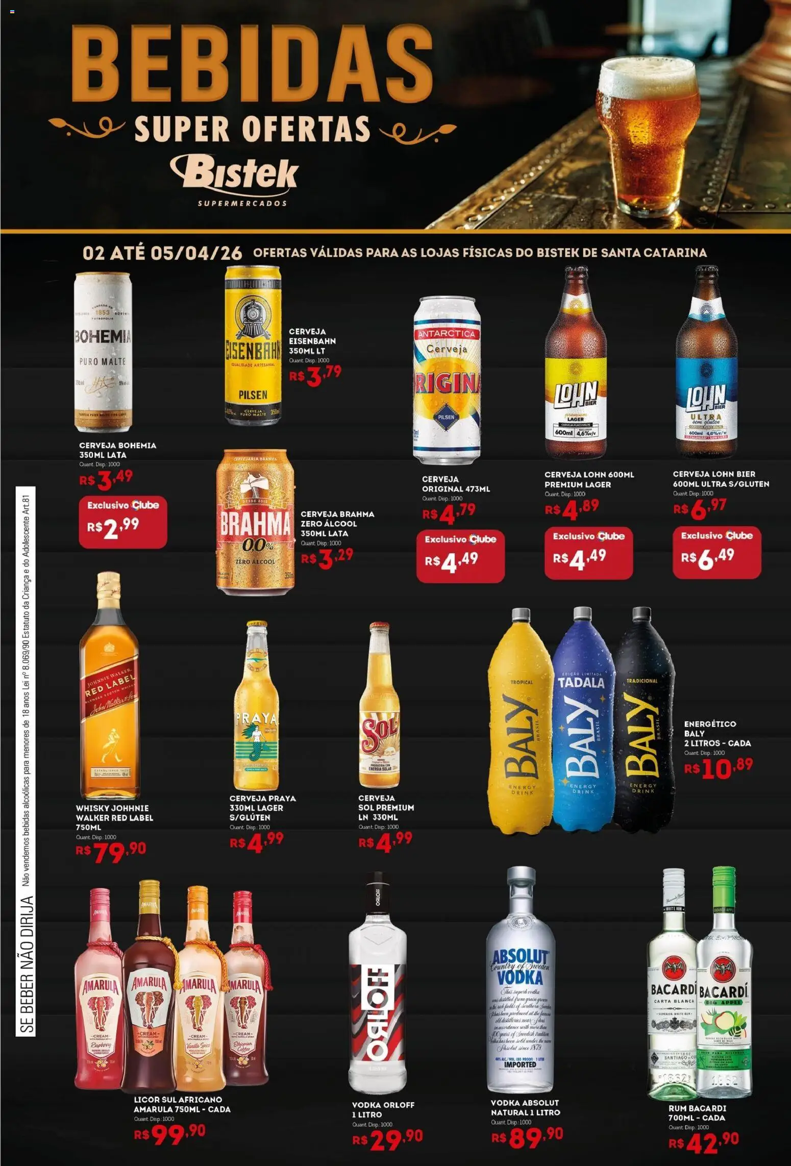 Bistek Supermercados Folheto - válido de 02.04.2026 | Página: 1 | Produtos: Energético, Whisky, Licor, Rum