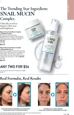 Preview of Beyond Glow Snail Mucin Complex + Panthenol Cream, Moisturizes while improving the appearance of texture and elasticity. With snail mucin complex and panthenol, which helps lock in moisture. 110 ml from shop Avon valid from 23.10.2025 | Page: 79