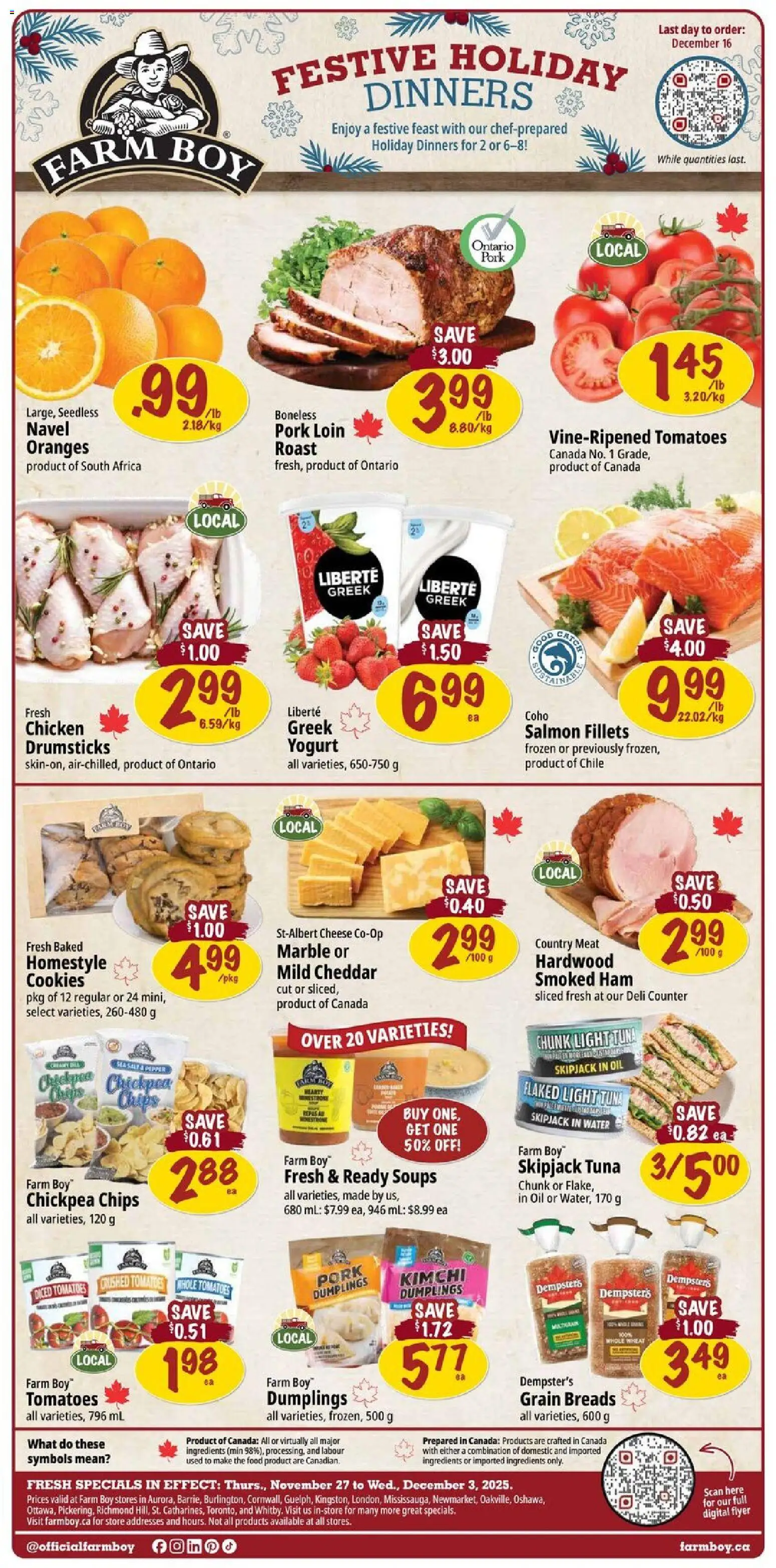 Farm Boy flyer valid from 27.11.2025 | Page: 1 | Products: Cookies, Chicken, Oranges, Tomatoes