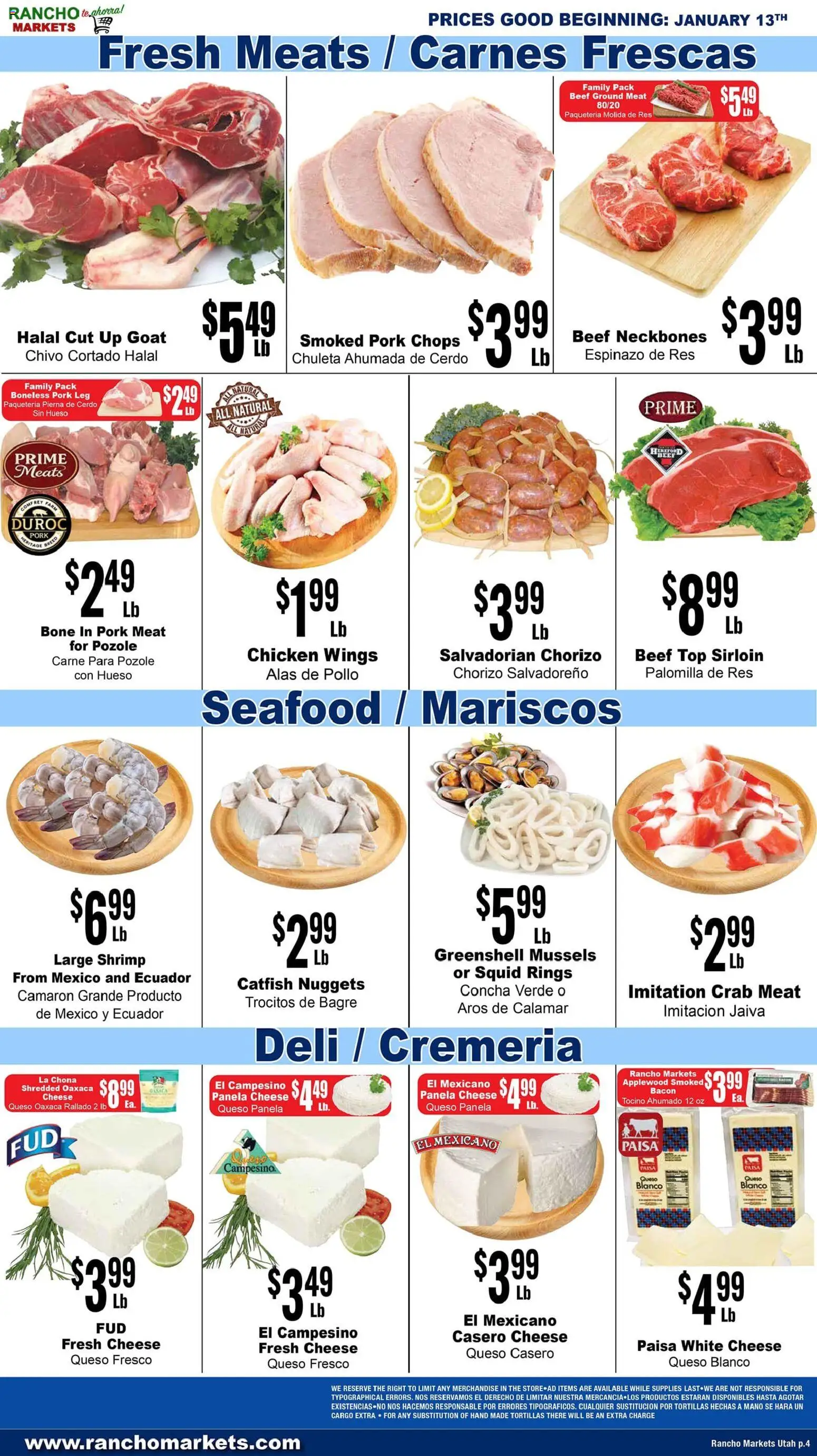 Rancho Markets Weekly Ad - valid from 13.01.2026 | Page: 4 | Products: Cheese, Pork, Beef, Seafood