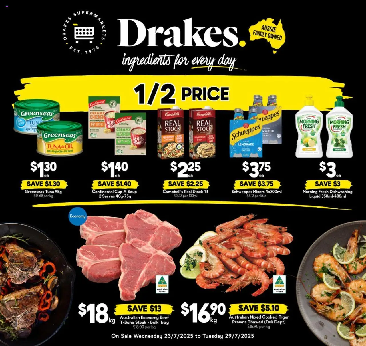 Drakes catalogue - valid from 23.07.2025 | Page: 1 | Products: Oil, Water, Steak, Soup
